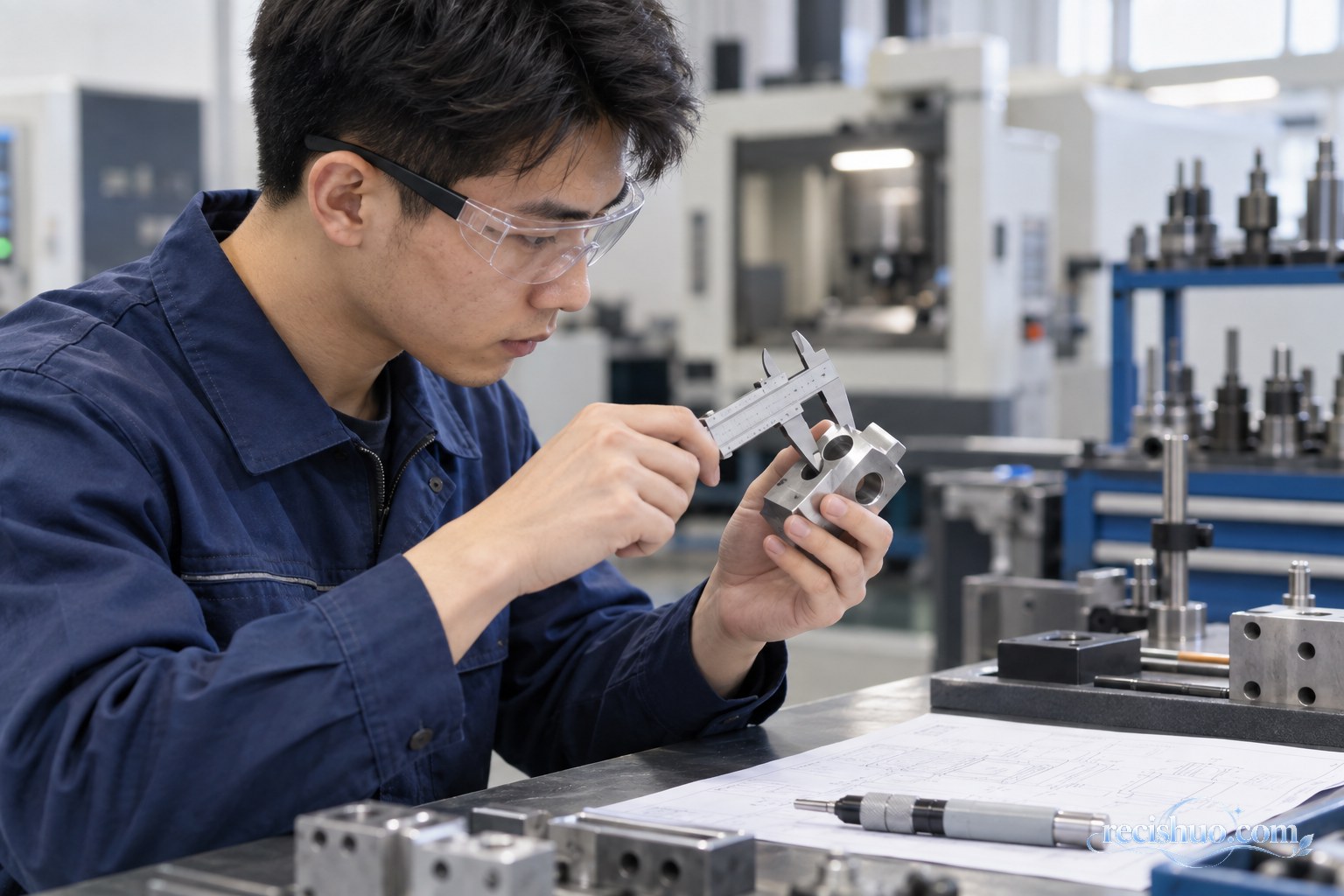 年轻选手在机械加工工位使用量具检查金属零件尺寸