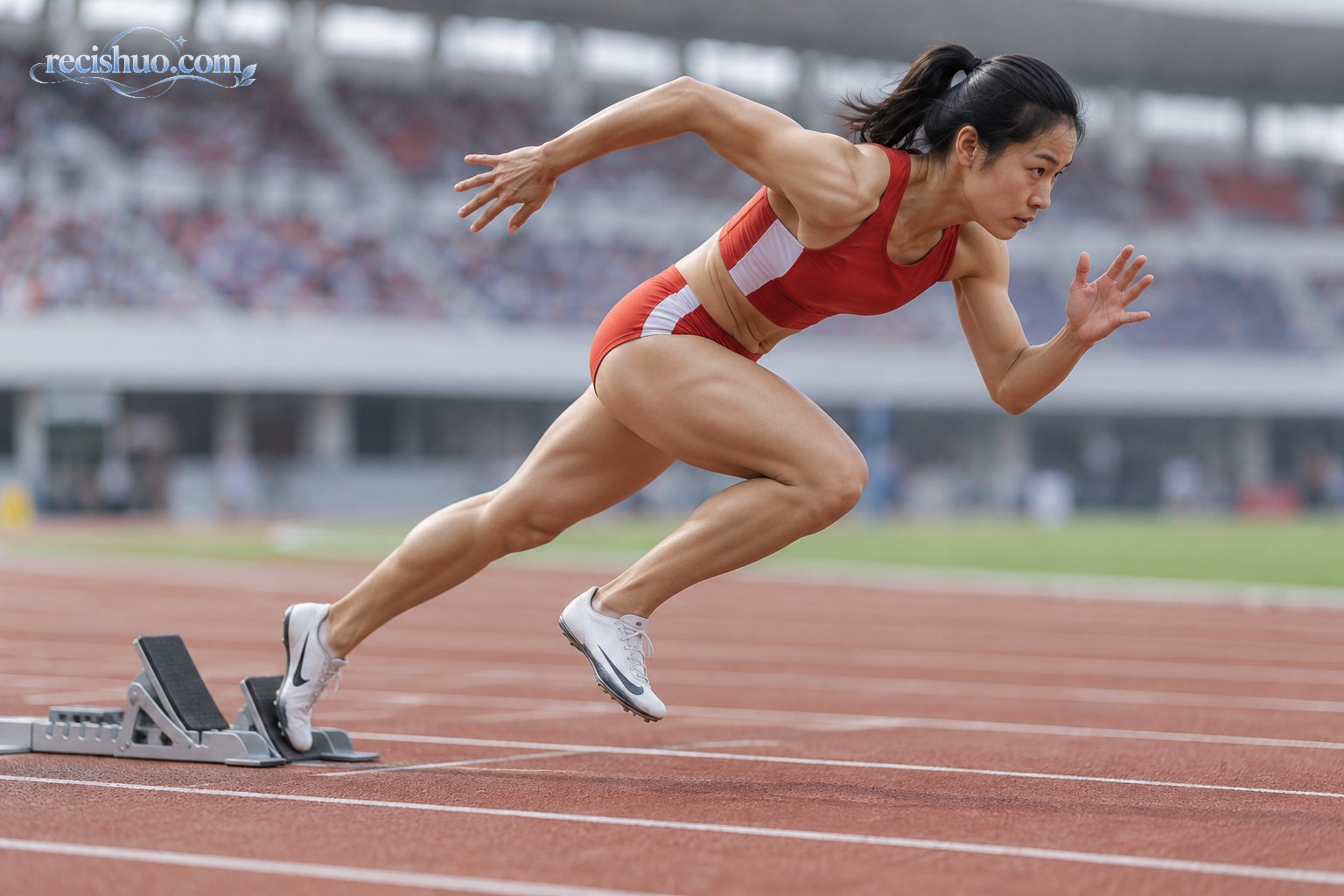 女子短跑运动员从起跑器加速冲出的低机位画面