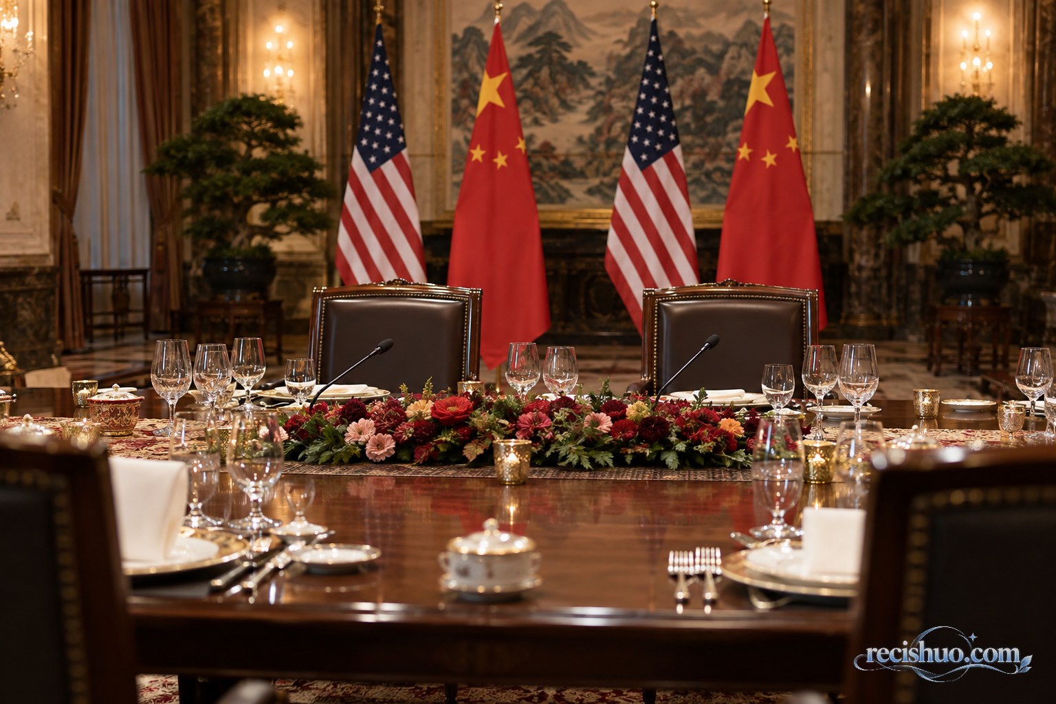 中美两国国旗与国宴餐桌构成的外交欢迎宴会象征性场景