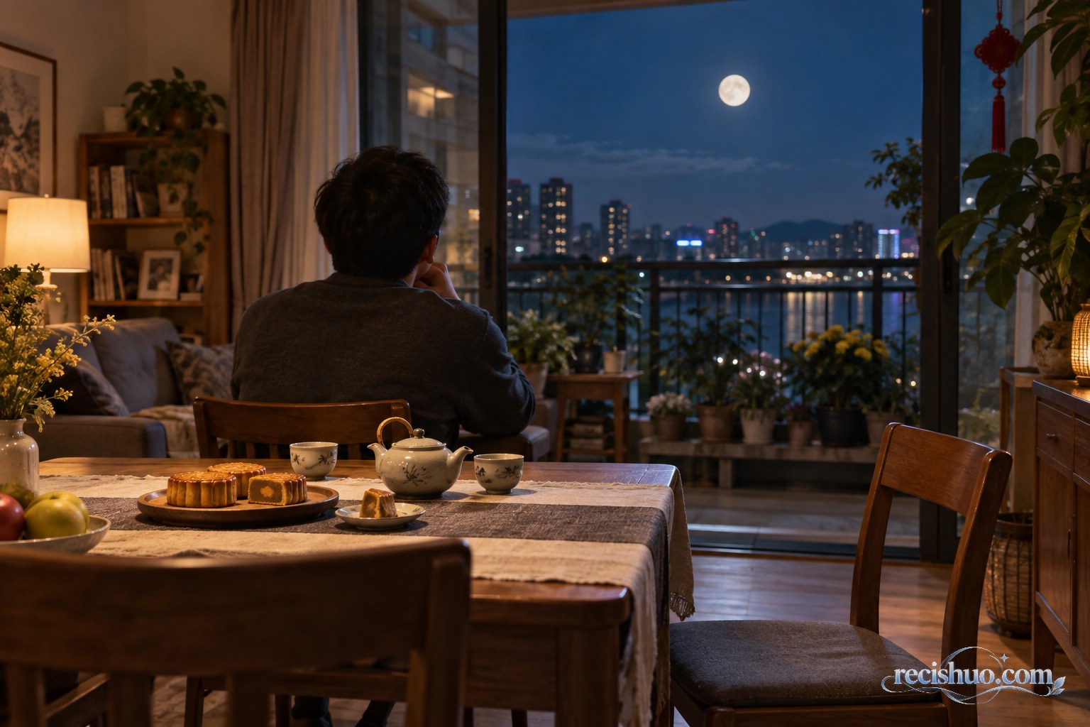 中秋夜,一位成年人坐在摆有月饼和茶具的餐桌旁望向窗外圆月,身边留着一把空椅