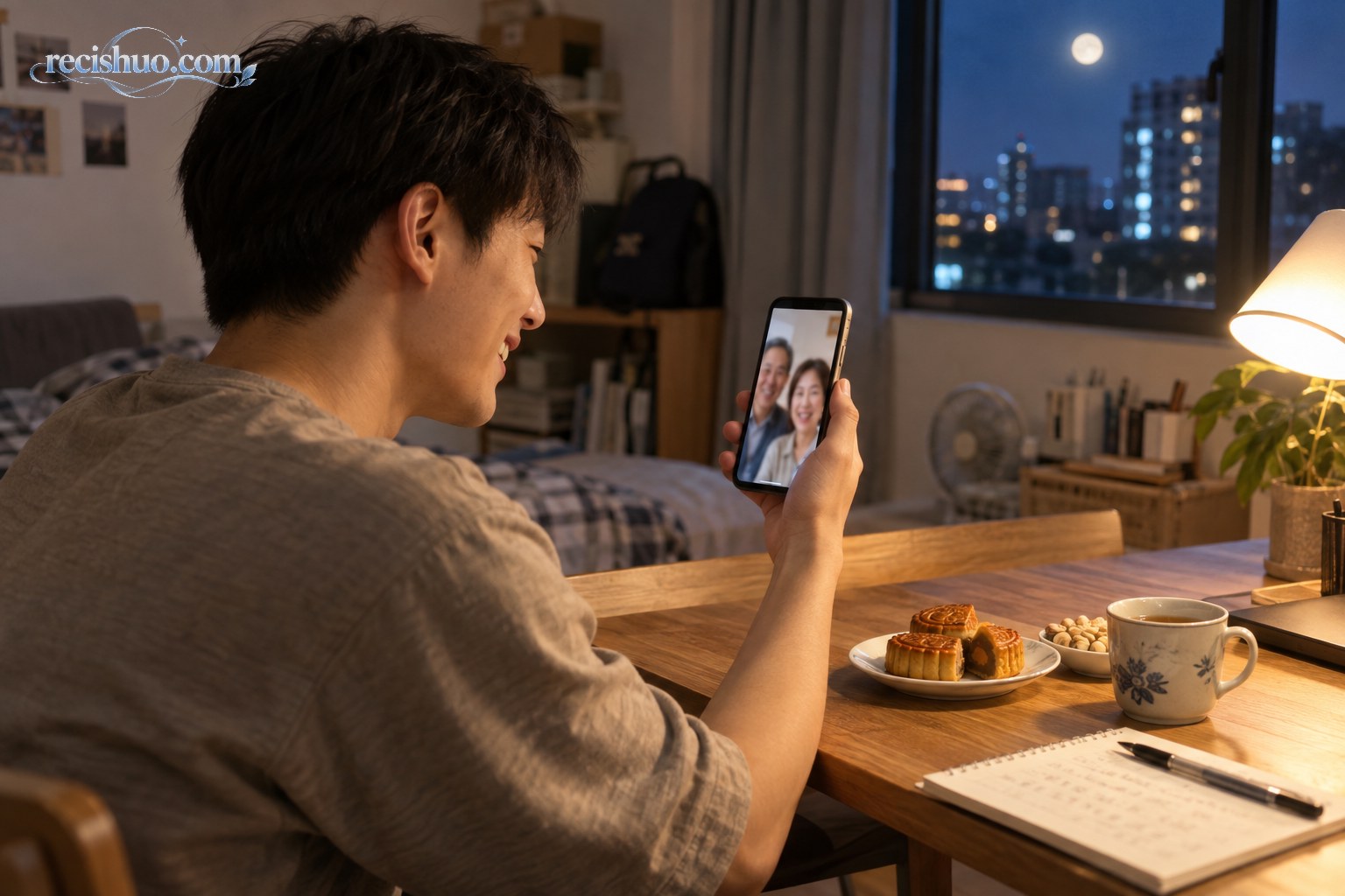 无法回家的年轻人在中秋夜通过手机与父母视频通话