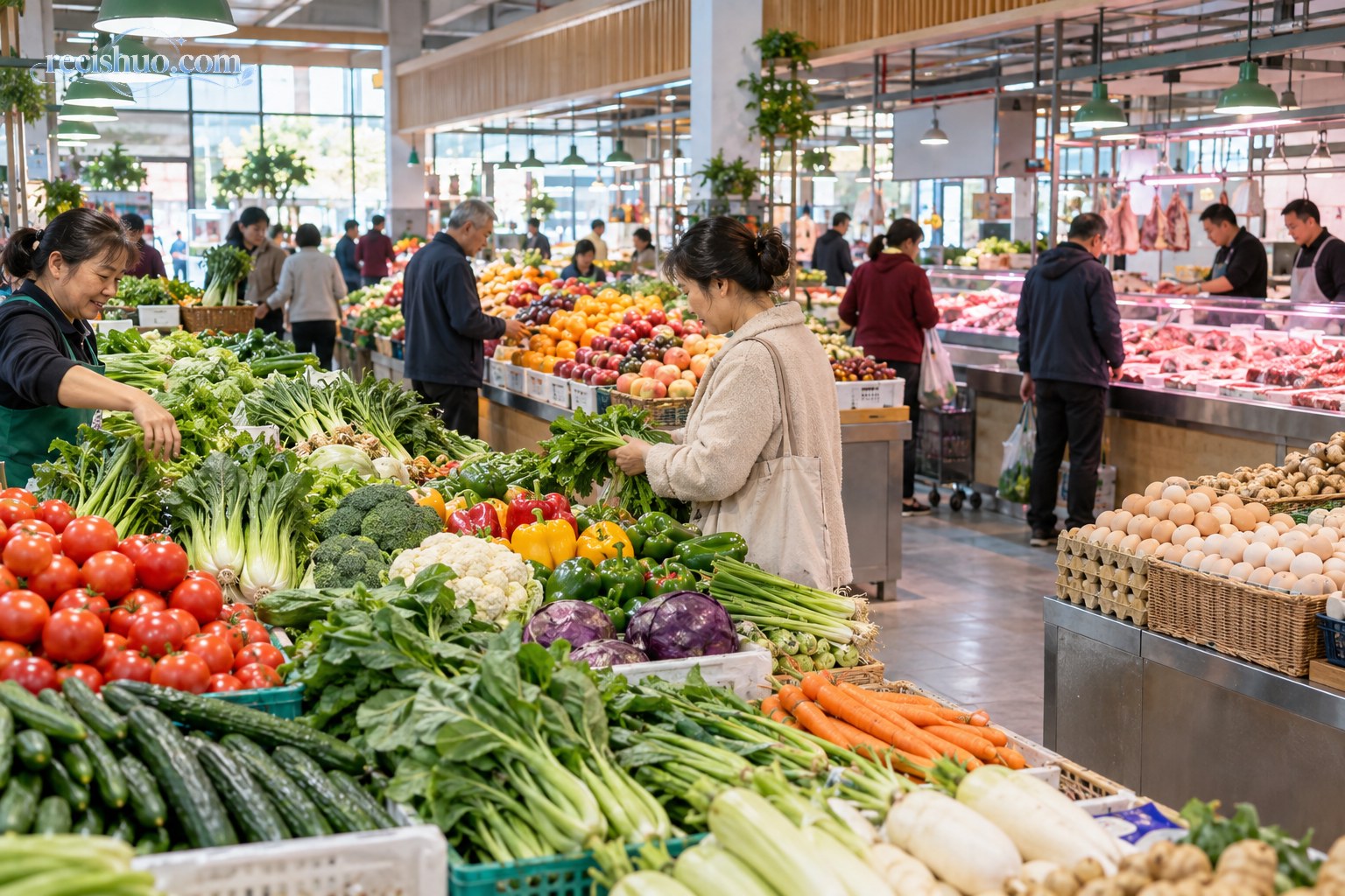 双节期间生鲜市场内蔬菜水果肉蛋供应丰富、消费者有序选购