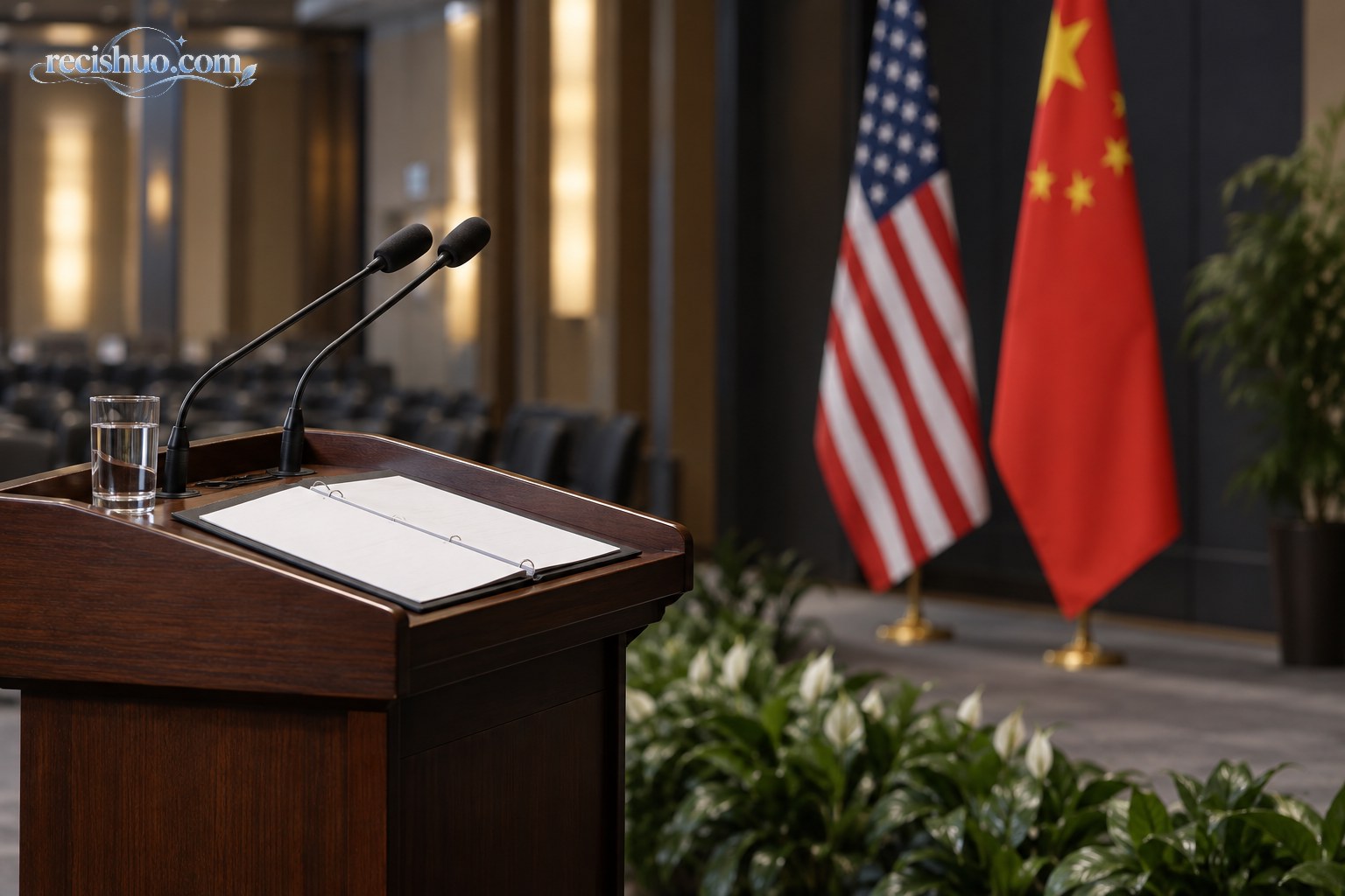 中美两国国旗前设置讲台与麦克风的正式讲话象征性场景