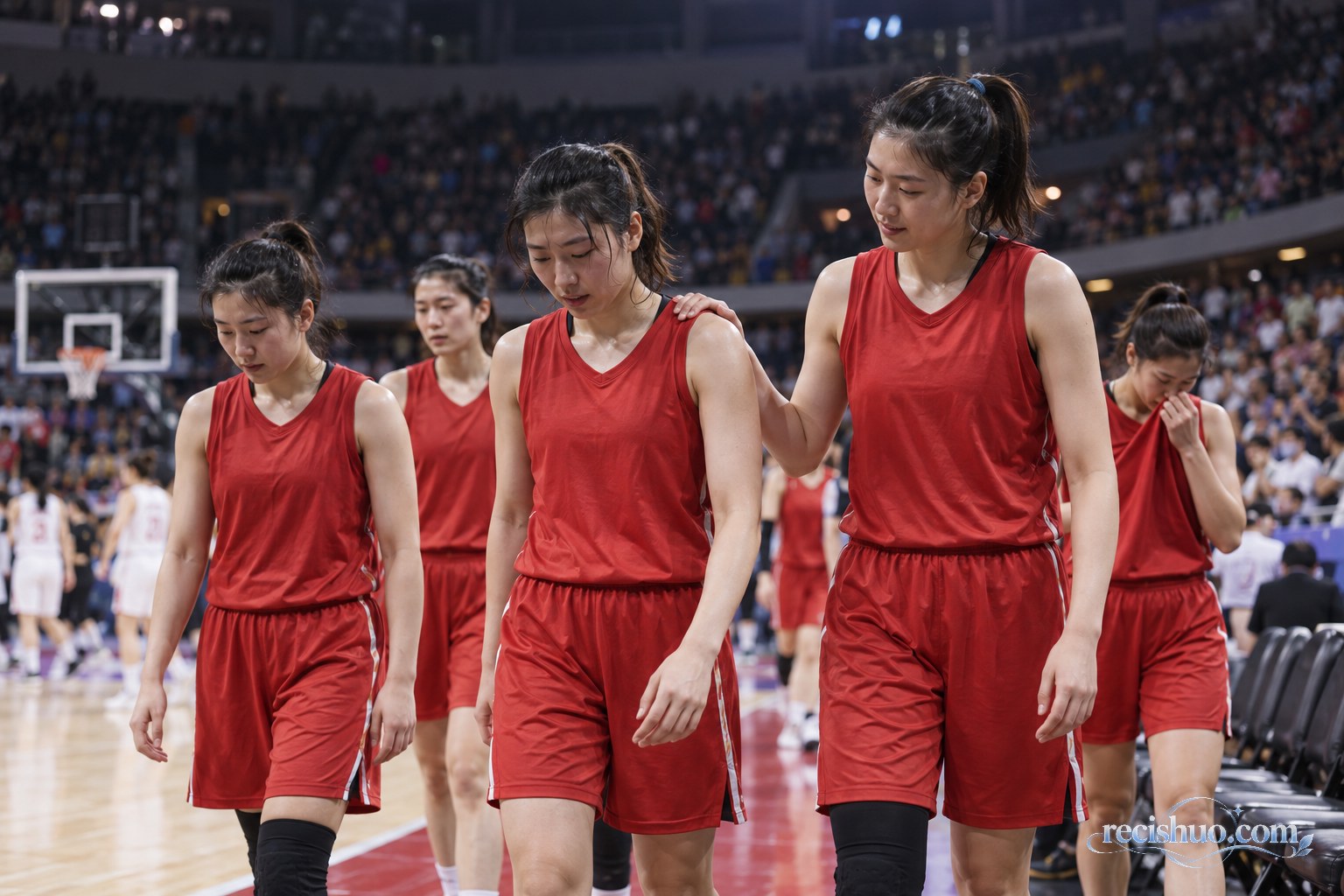 女子篮球比赛结束后,身穿红色球衣的队员相互安慰并走向场边