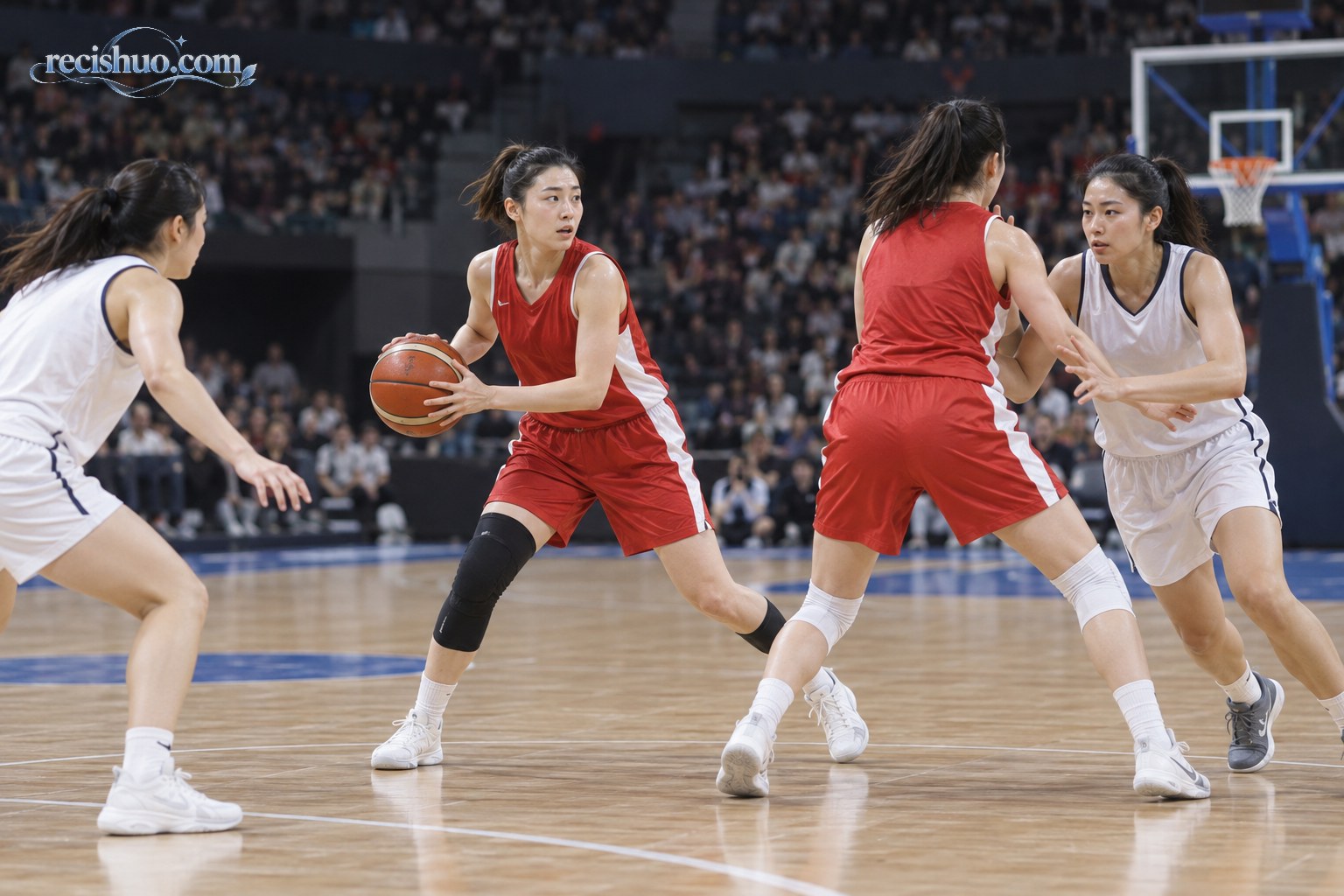 女子篮球比赛中,红色球衣队员持球观察并与队友配合进攻