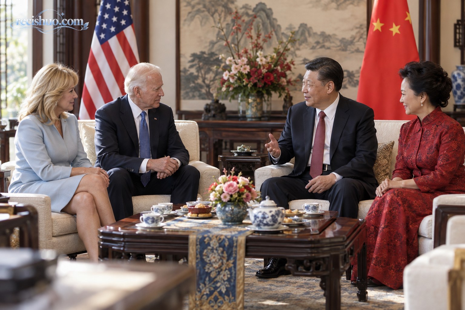 模拟两国元首夫妇围坐茶桌交流的外交茶叙场景