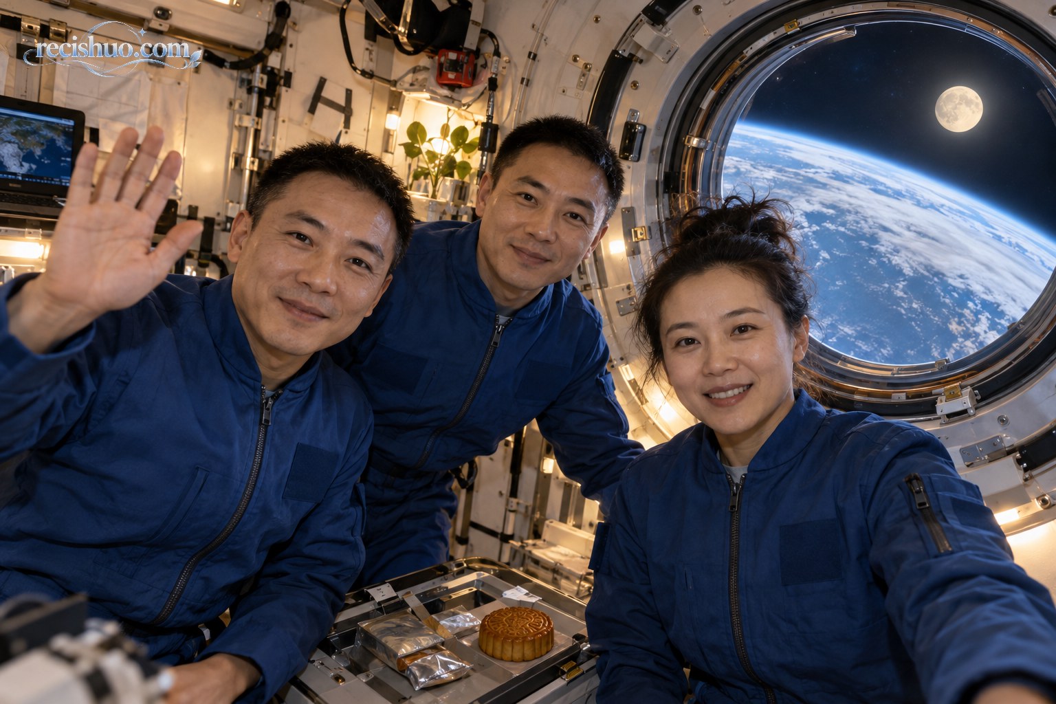 三名航天员在空间站舱内面向镜头送上问候,舷窗外可见地球与月亮,桌上摆有月饼