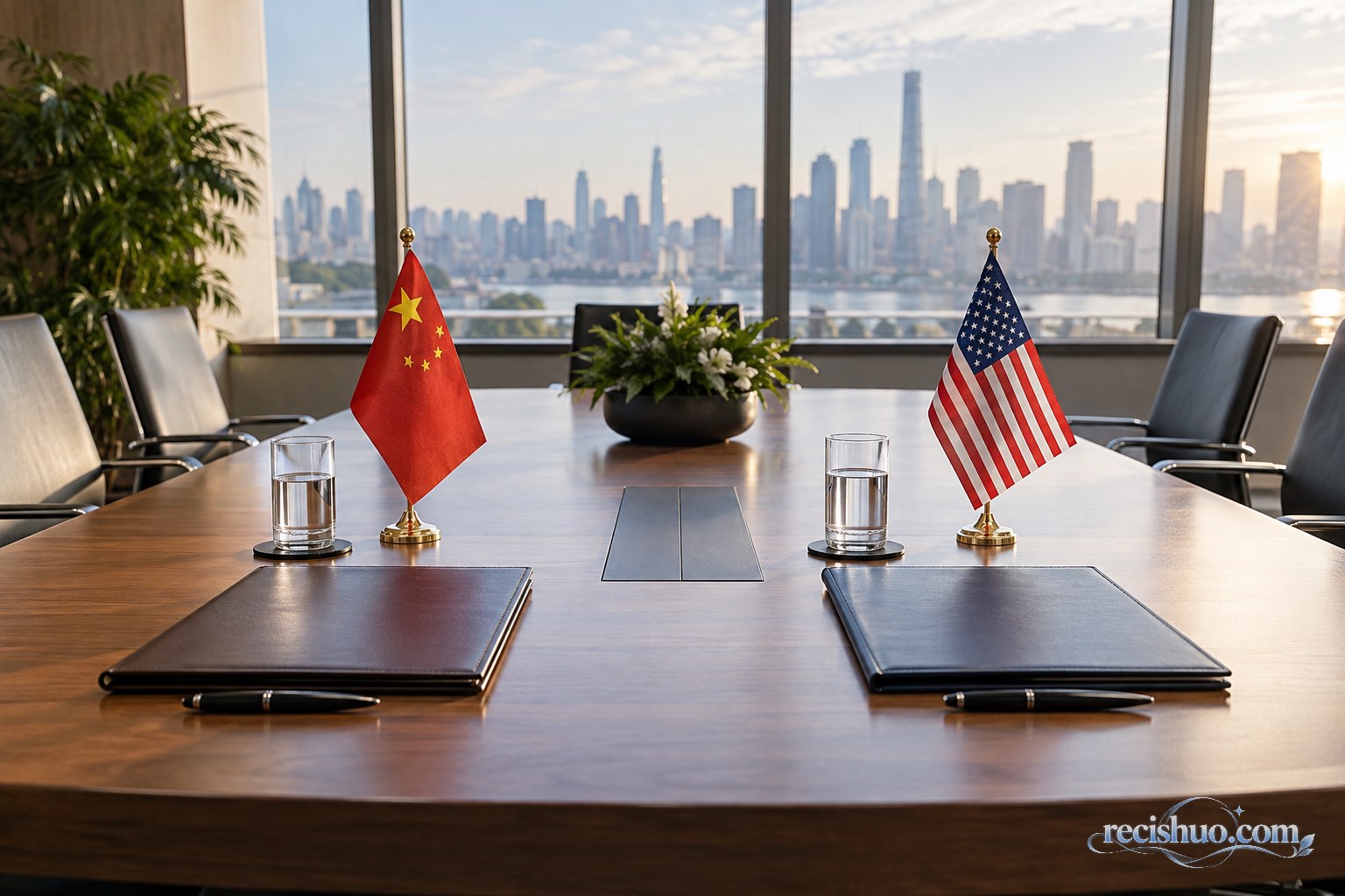会议桌上摆放中美两国国旗、文件夹和水杯,象征沟通成果有待落实