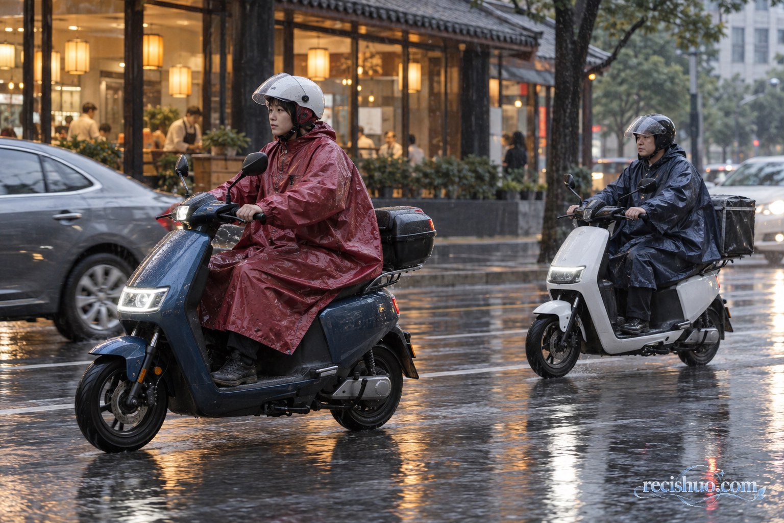 雨天骑电动车通勤的餐饮从业者行驶在城市道路上
