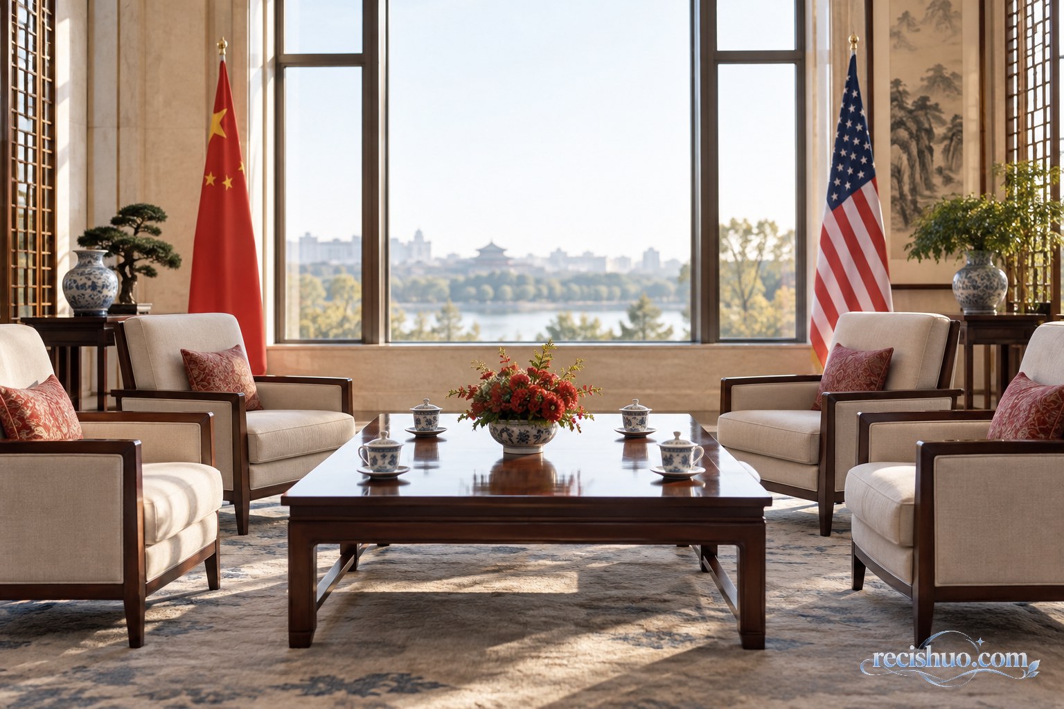 摆有中美两国国旗、四把座椅和茶具的正式会客空间