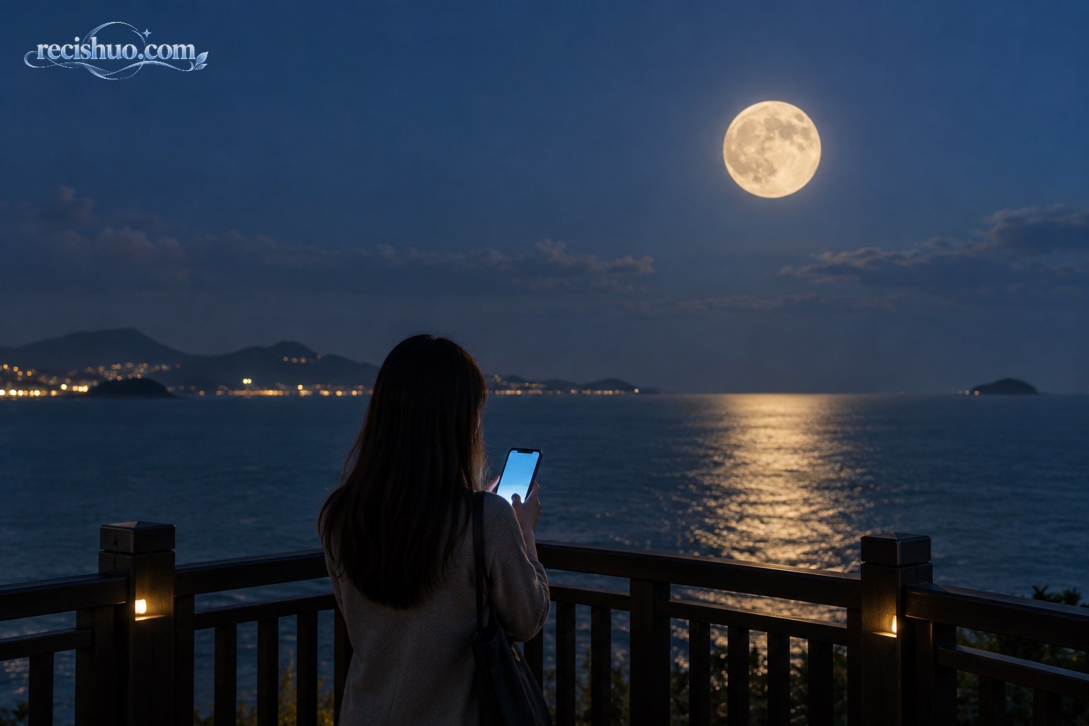 中秋月夜下,一名读者在临海观景台查看手机信息
