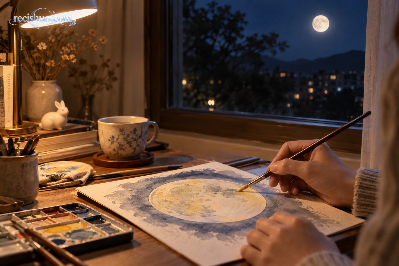 中秋夜的窗边书桌上,一双手正在为水彩月亮画作上色