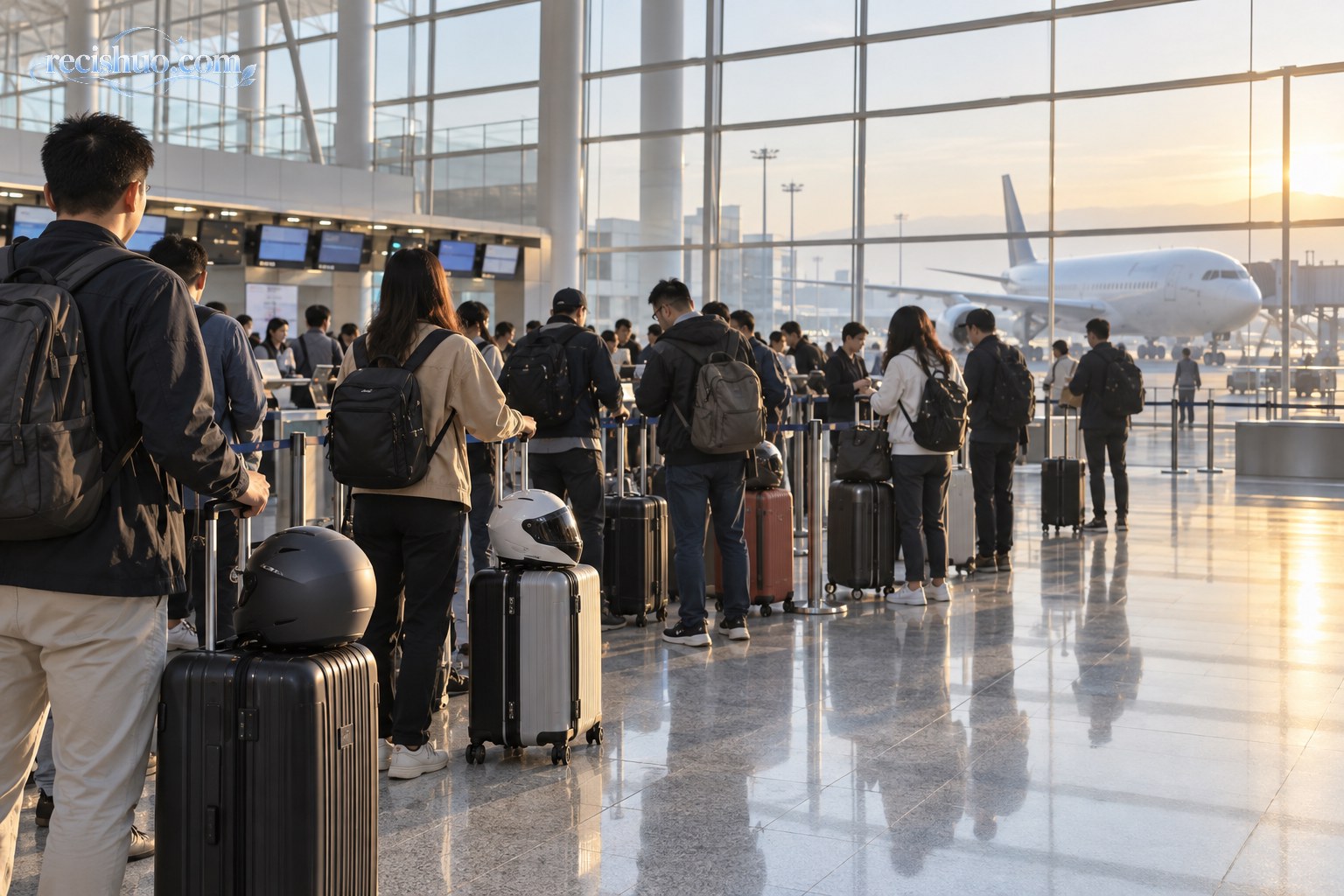 清晨的国际机场内,大型企业旅行团队携行李和摩托车头盔排队办理手续