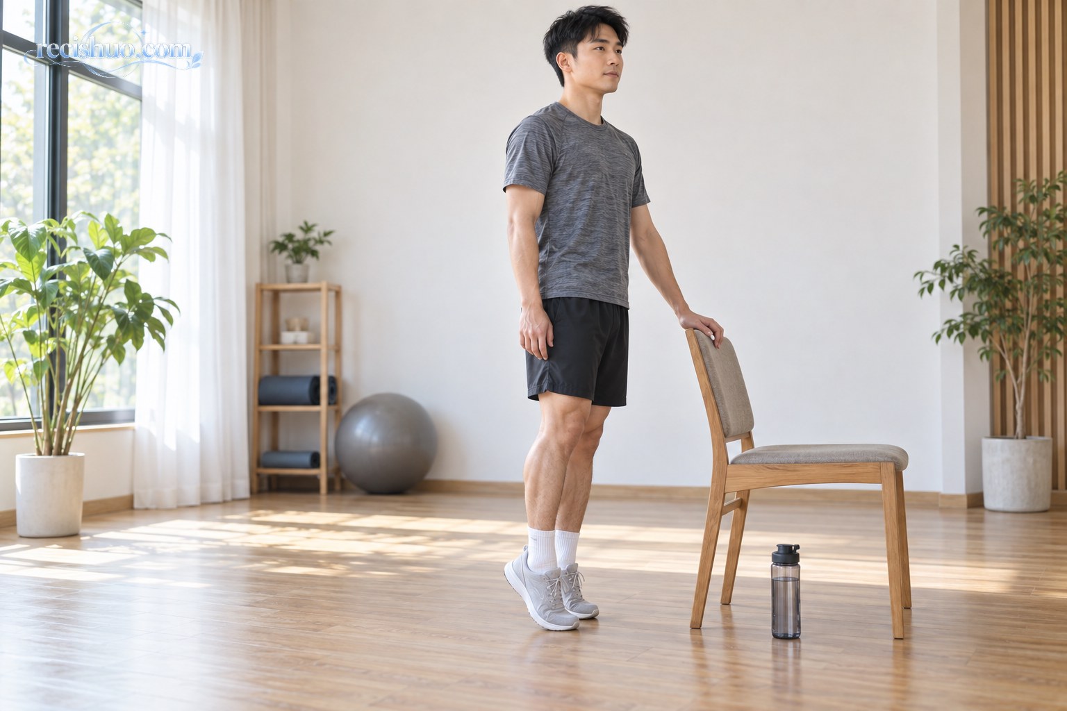 年轻男性在室内扶着椅背进行脚踝和小腿热身