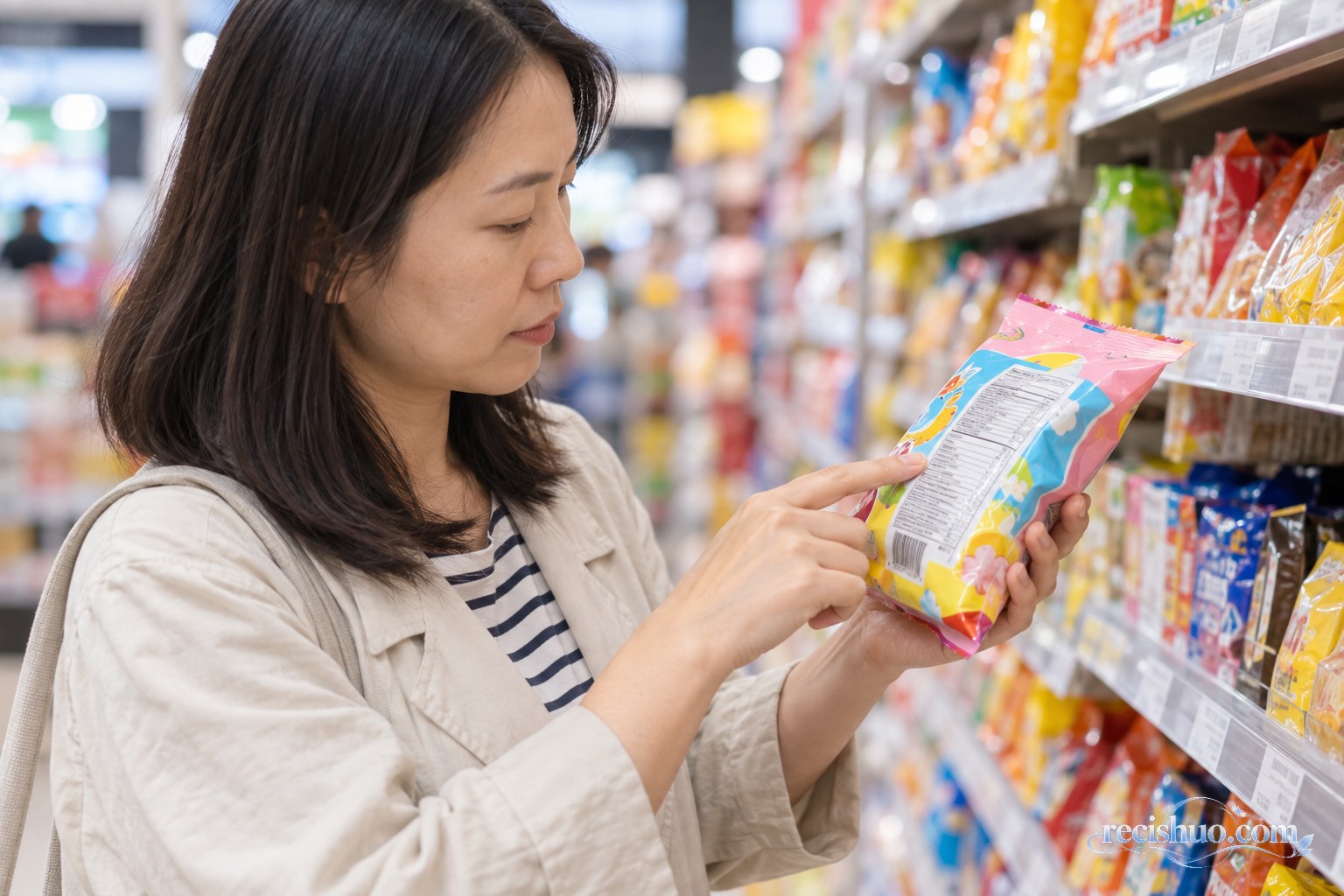 家长在超市货架旁查看儿童零食包装上的食品标签