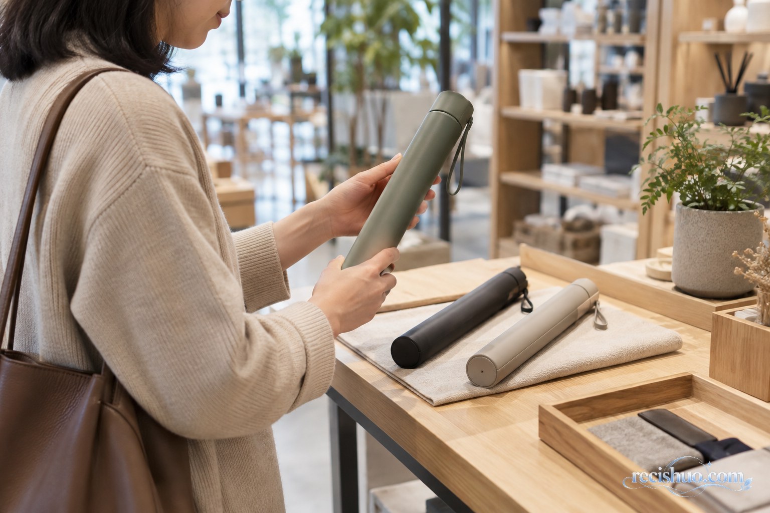 顾客在生活用品店拿起一件修长礼物,比较其尺寸、材质与做工