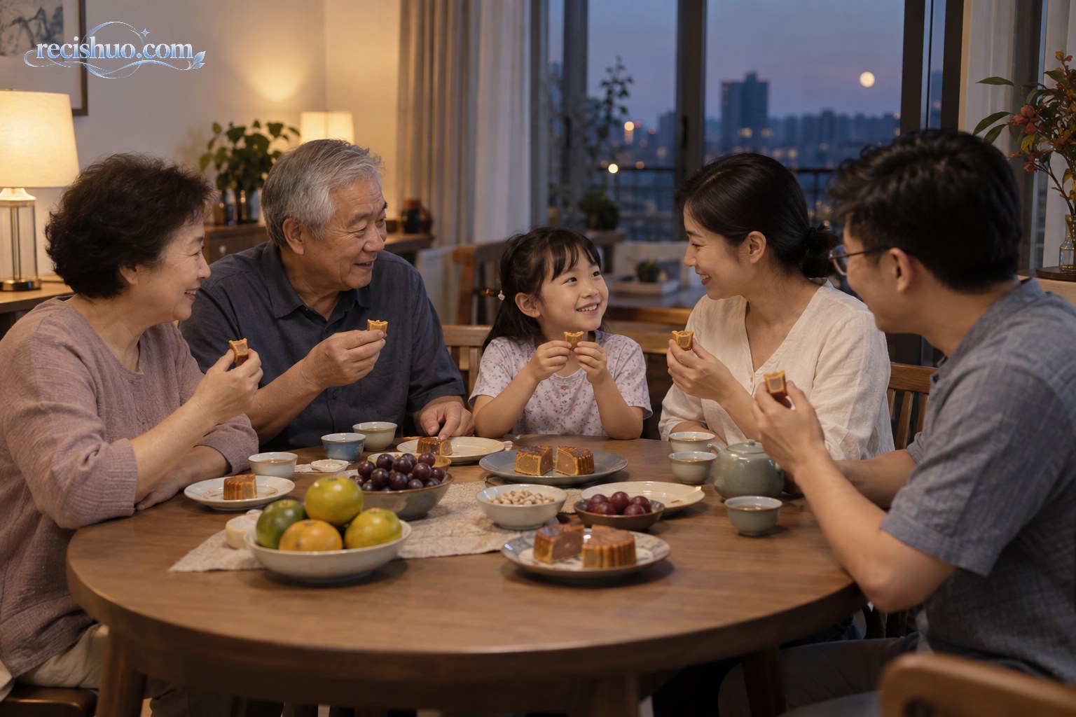 一家人围桌分享切成小块的月饼、水果和茶