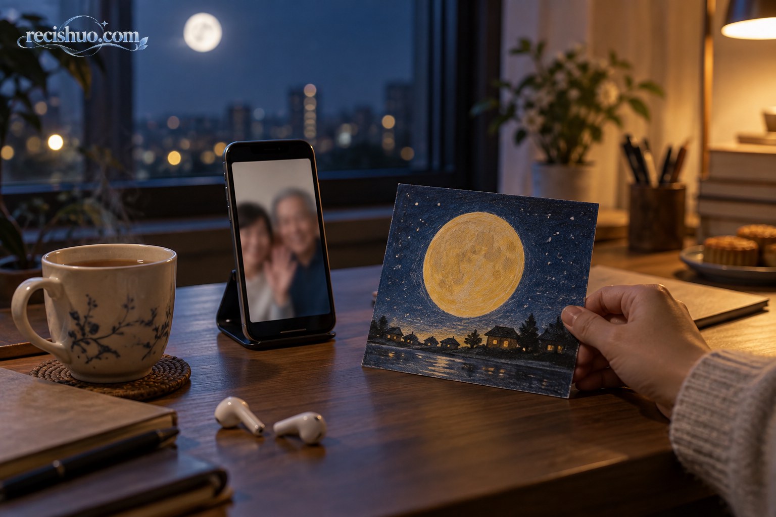 中秋夜通过视频通话向远方家人展示手绘月亮卡片