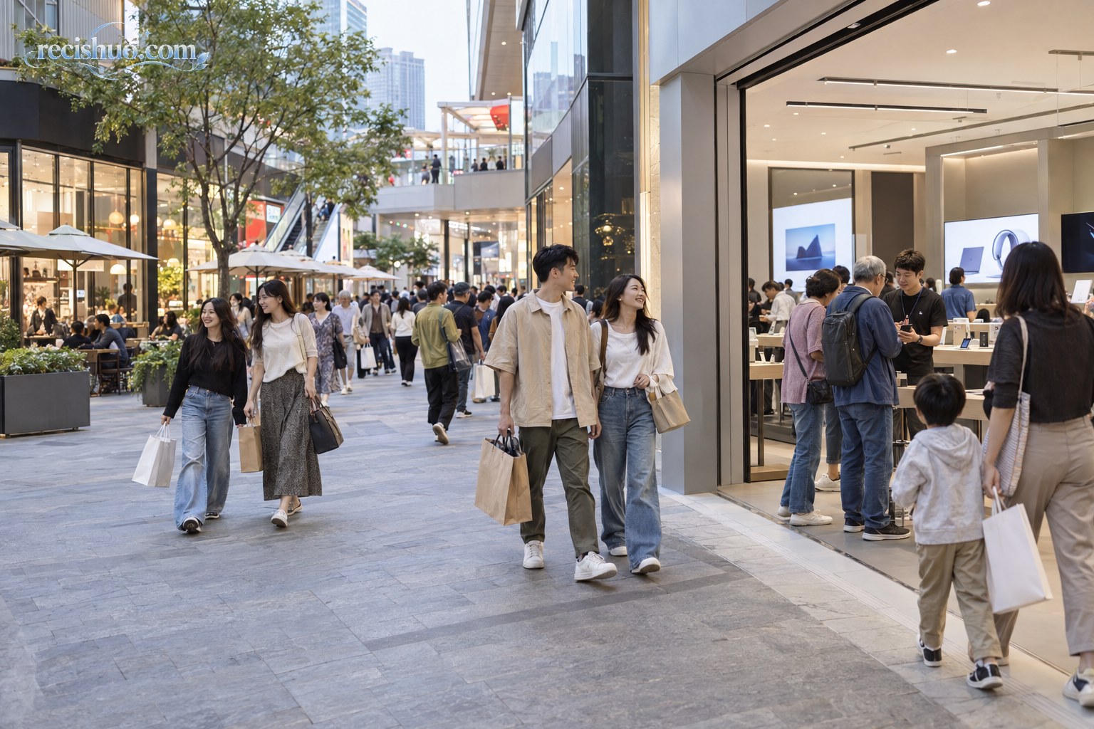 消费者在城市商圈逛店购物,线下零售与餐饮场景呈现活跃氛围