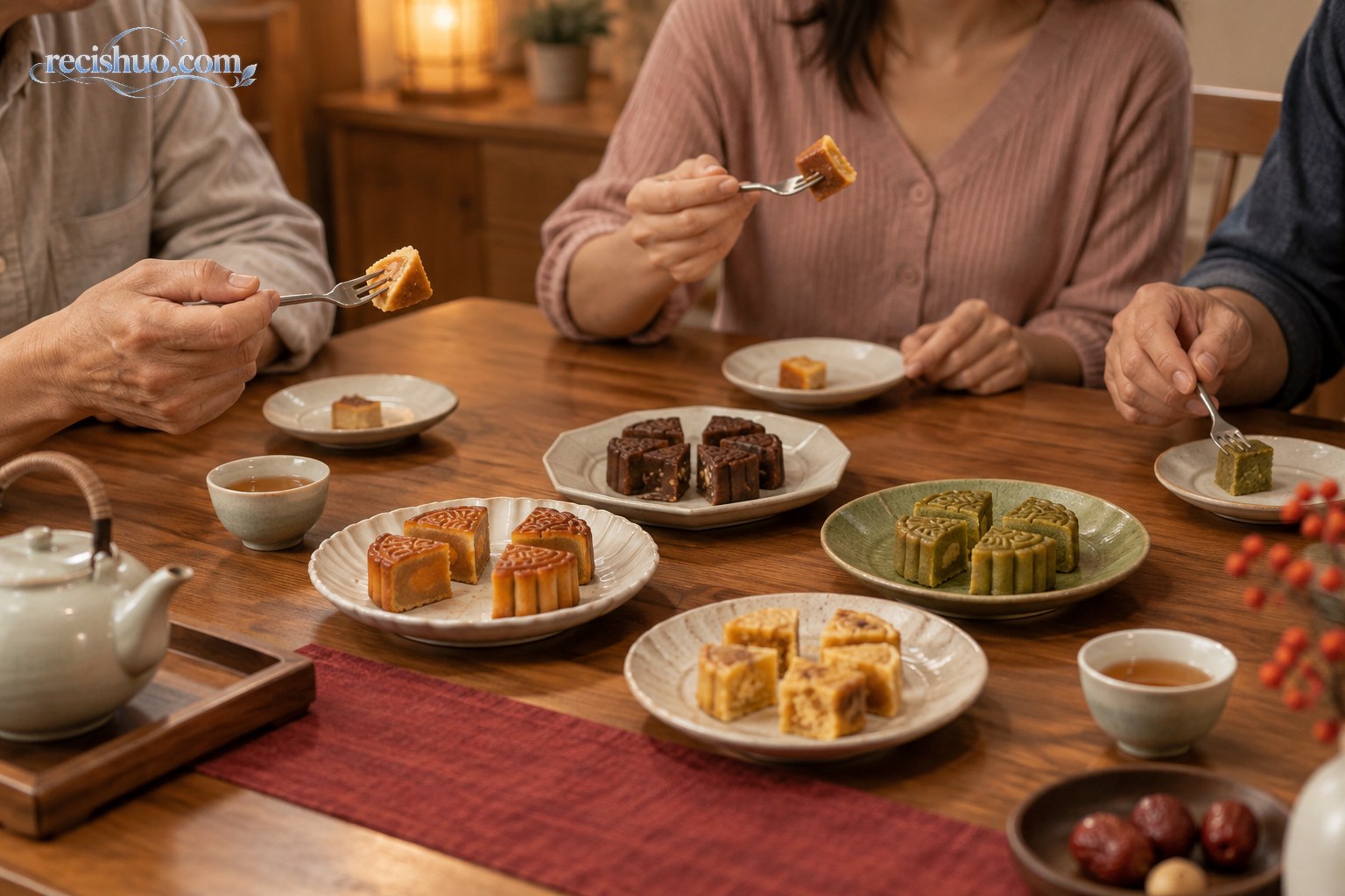 家人围坐在餐桌旁品尝不同口味的月饼小块
