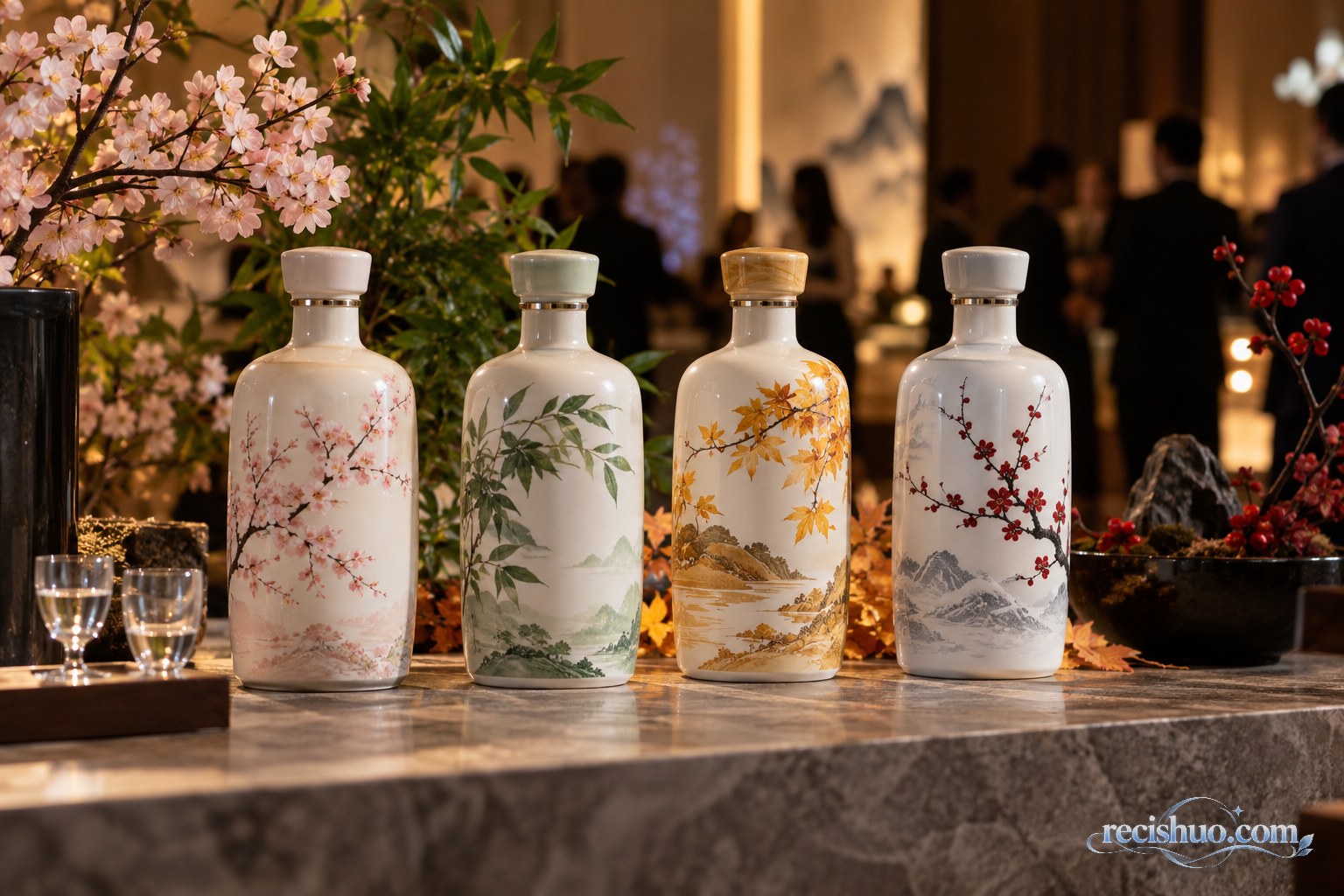 四款以春夏秋冬景物装饰的无品牌陶瓷酒瓶陈列在展台上