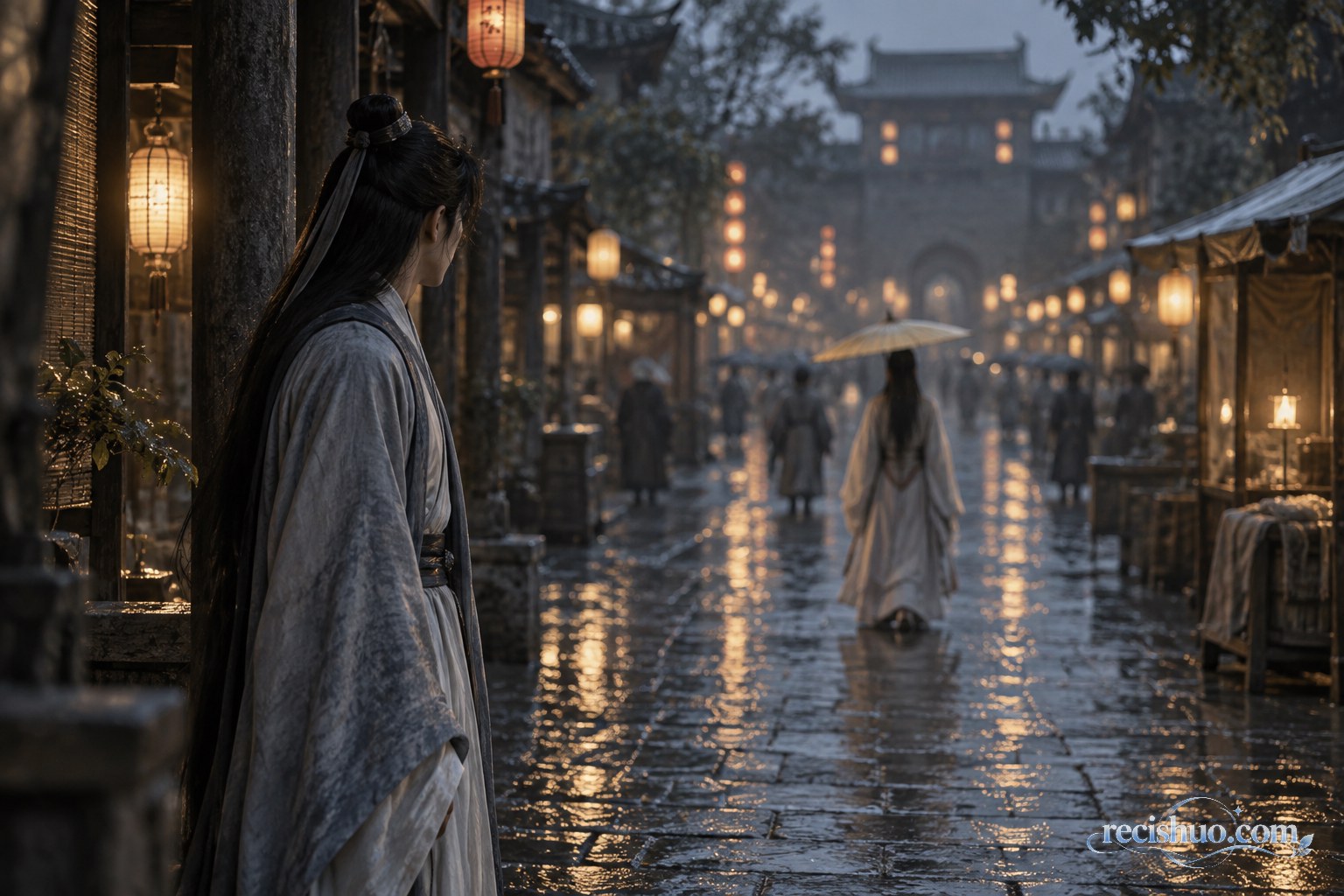 雨后古城长街上,一位古装人物驻足回望远去身影的暮色场景
