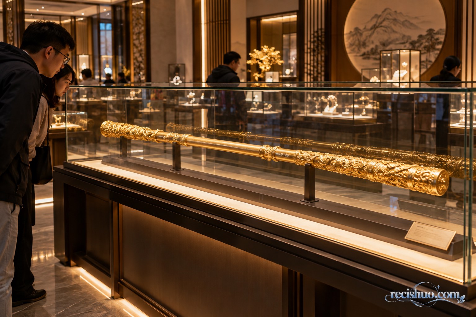 现代金店玻璃展柜中陈列的大型金色金箍棒造型工艺品