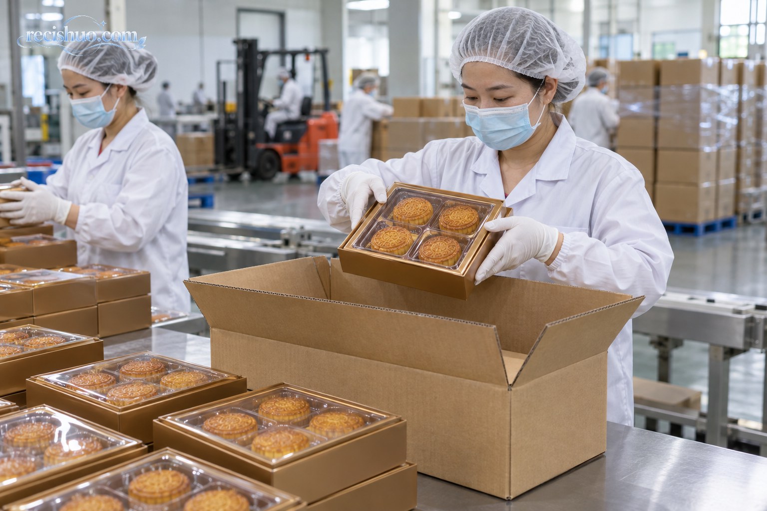 食品企业工作人员检查月饼礼盒并装入运输纸箱