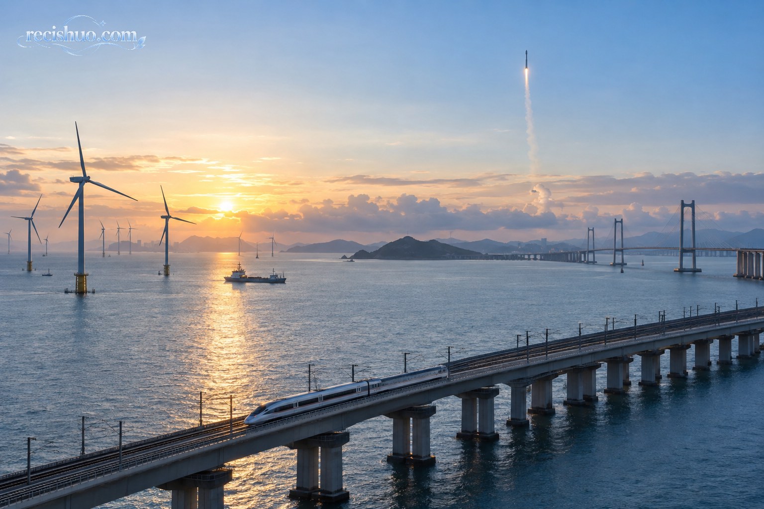 晨光下火箭升空、跨海铁路与海上风电设施同框的工程发展景象