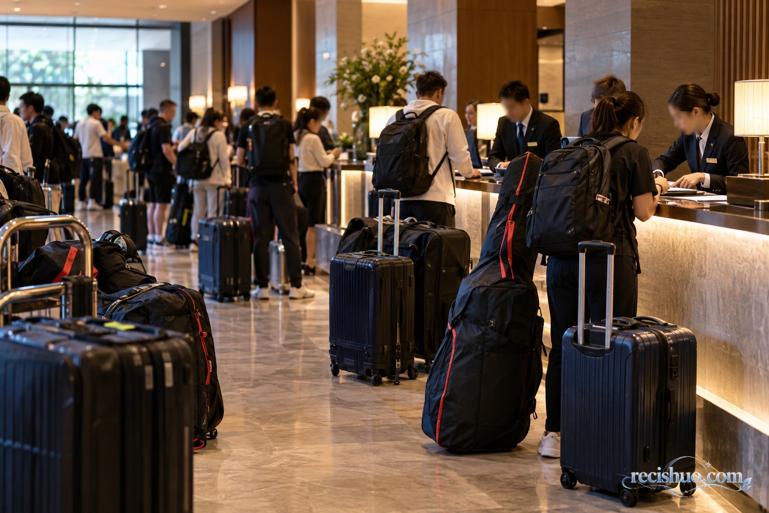 国际体育赛事期间,携带行李和器材的人员在酒店前台等候办理手续的示意图