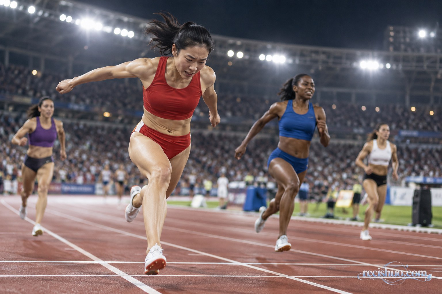 女子短跑运动员在体育场灯光下奋力冲过200米终点线