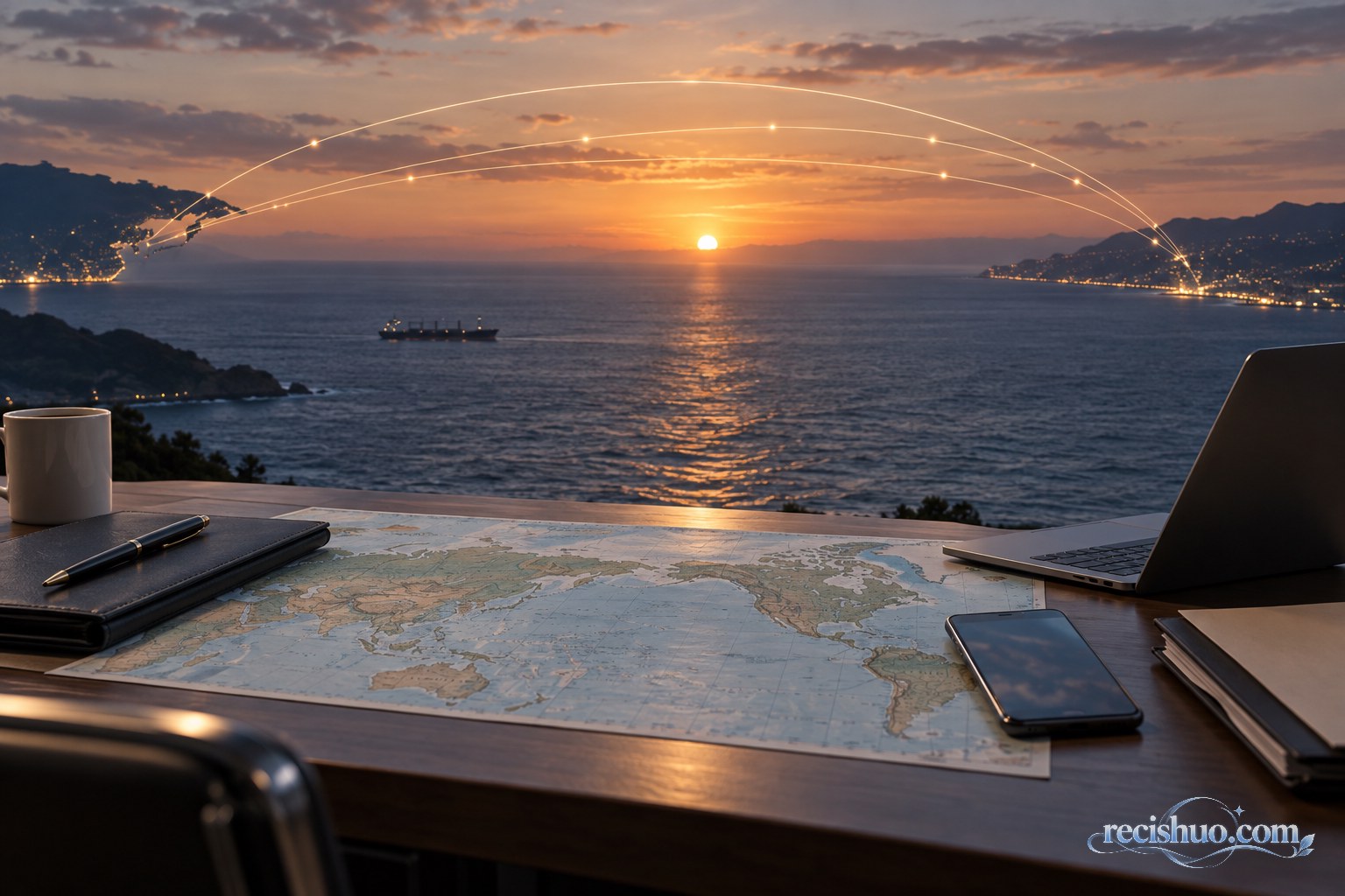 夕阳下的太平洋与跨海光线轨迹,前景桌面摆放世界地图和通讯设备