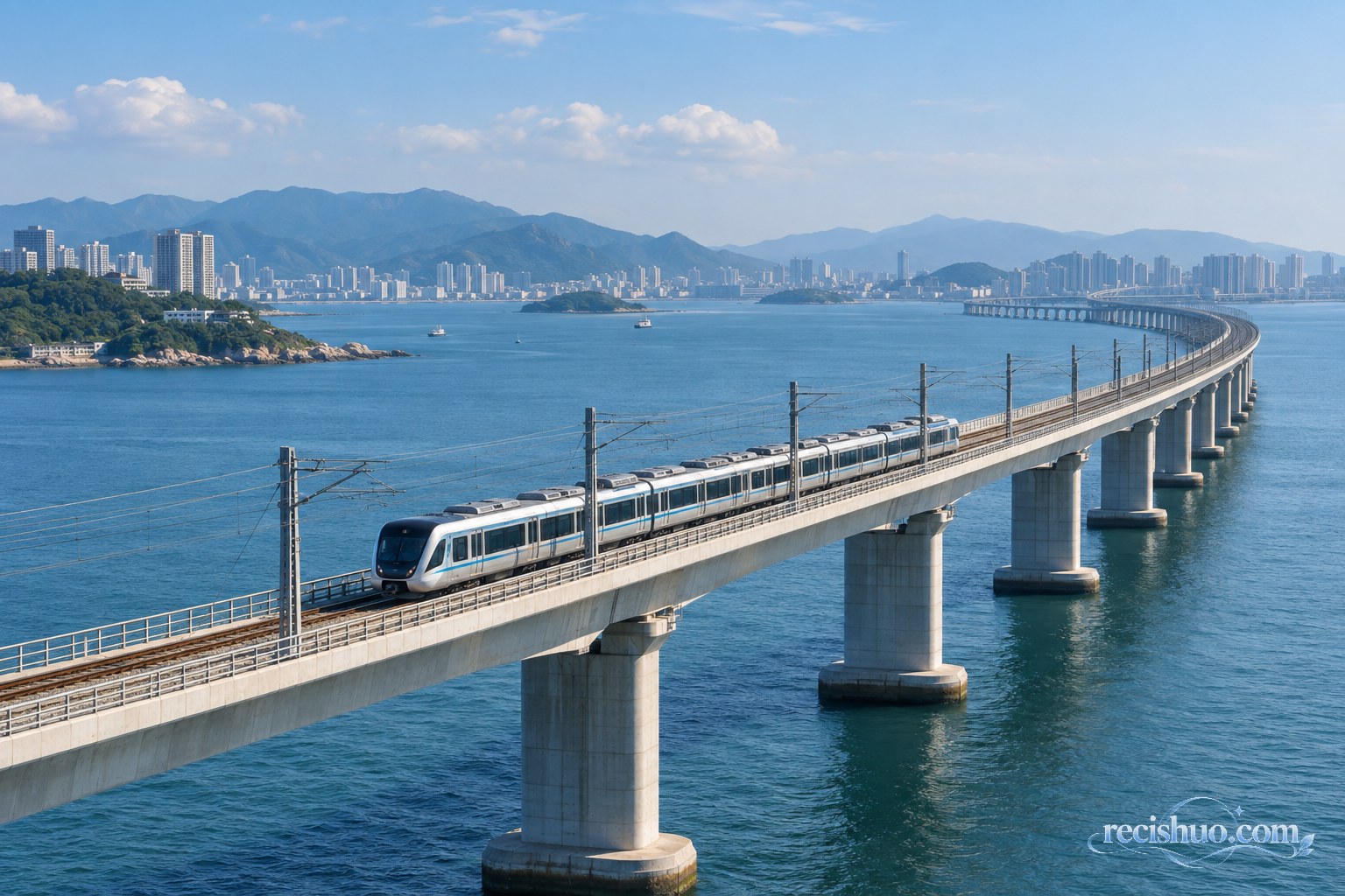 现代市域列车驶过海湾跨海铁路桥梁