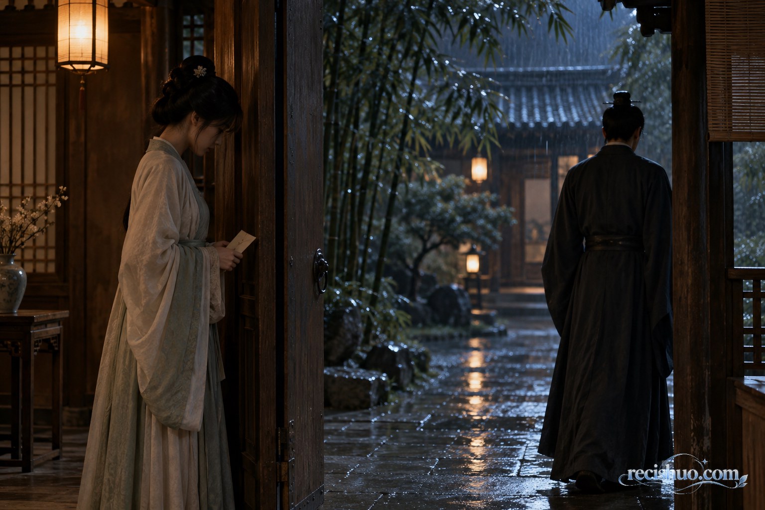 夜雨庭院中,两位古装人物隔着门框无言错过,一人手持未送出的信