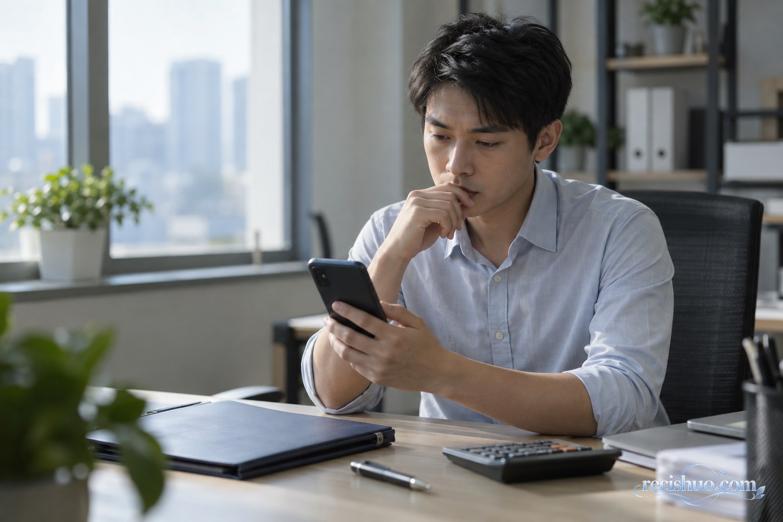 贷款服务从业者在安静办公室内查看手机并整理历史动态
