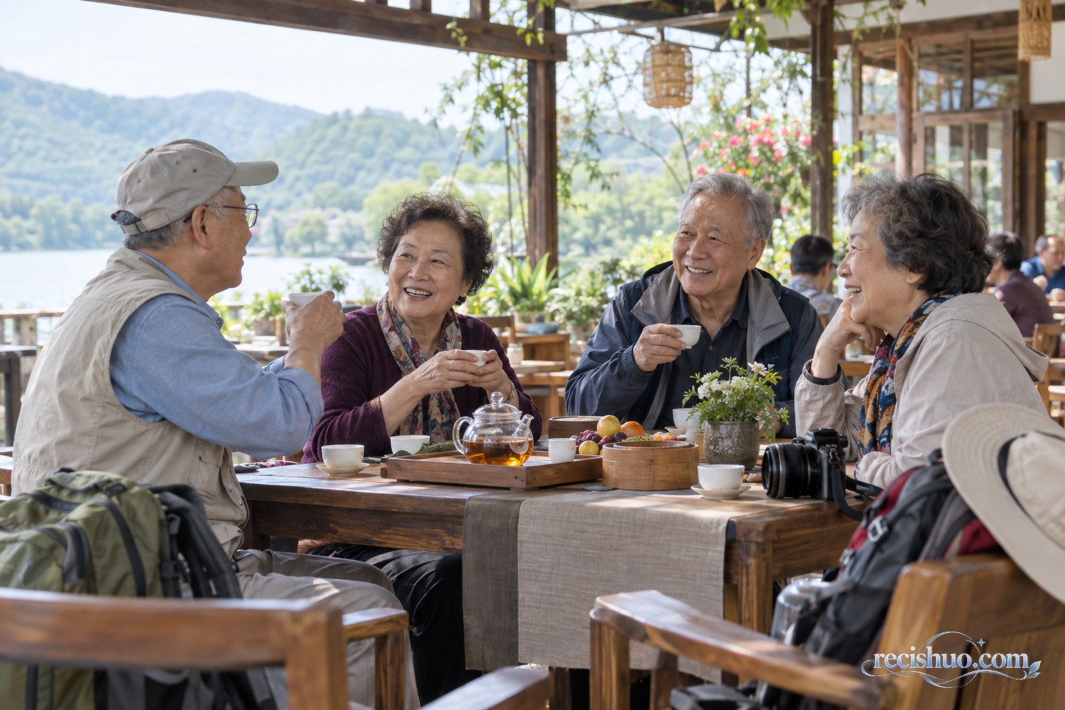 四位老年朋友在近郊休闲场所围桌喝茶聊天,桌边放着相机和旅行背包