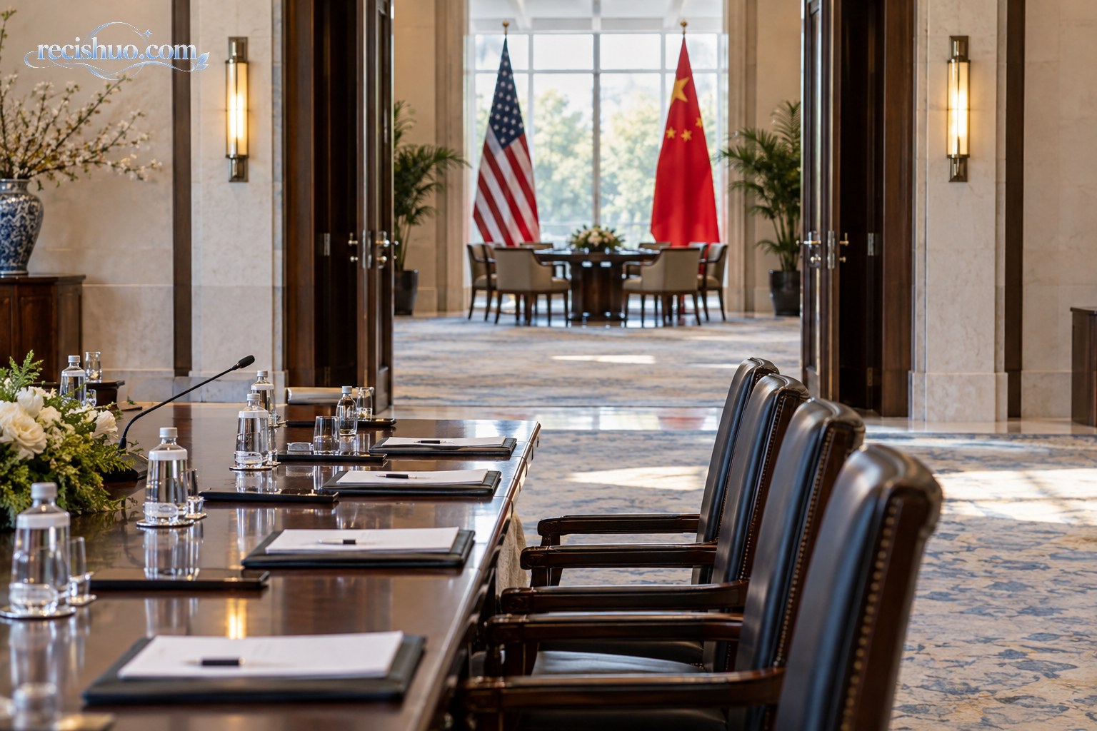 设有中美两国国旗与会议席位的庄重会谈空间