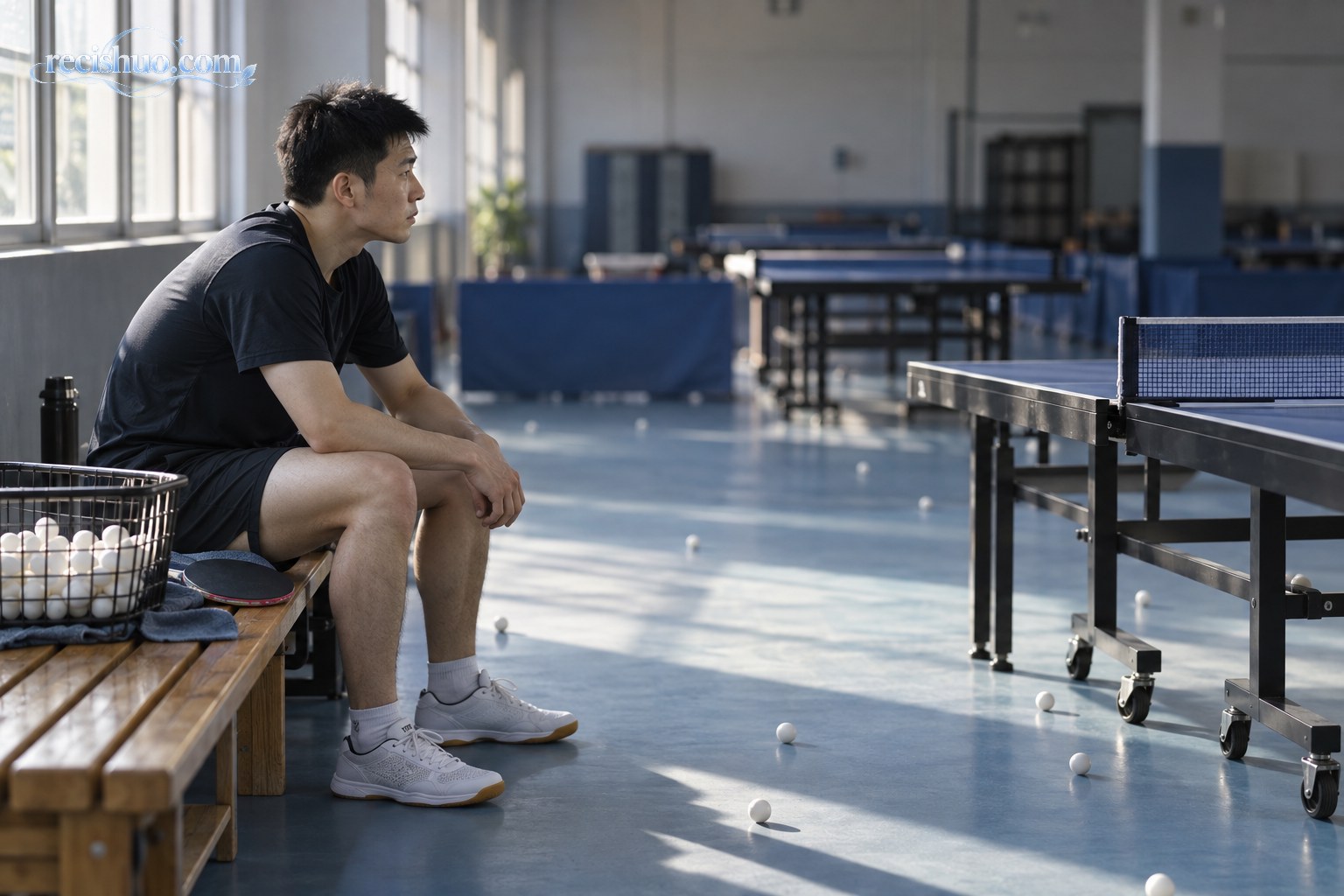 清晨的乒乓球训练馆内,一名男子运动员坐在场边望向球台复盘训练