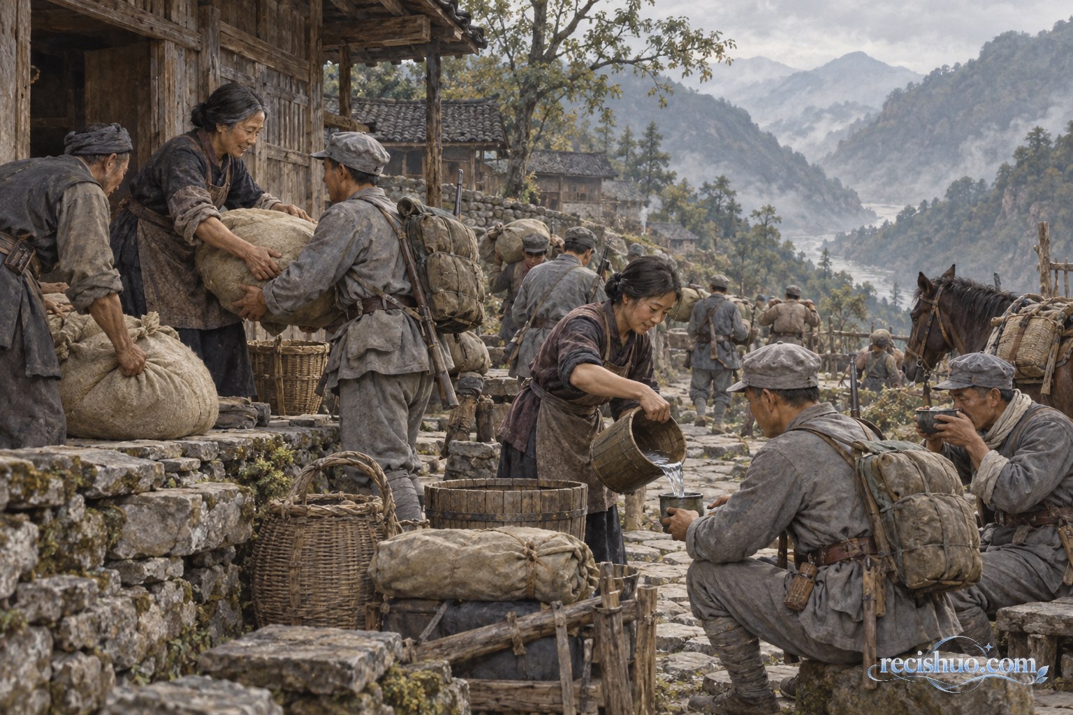 山地村落中,群众与行军人员协力搬运物资并递送清水