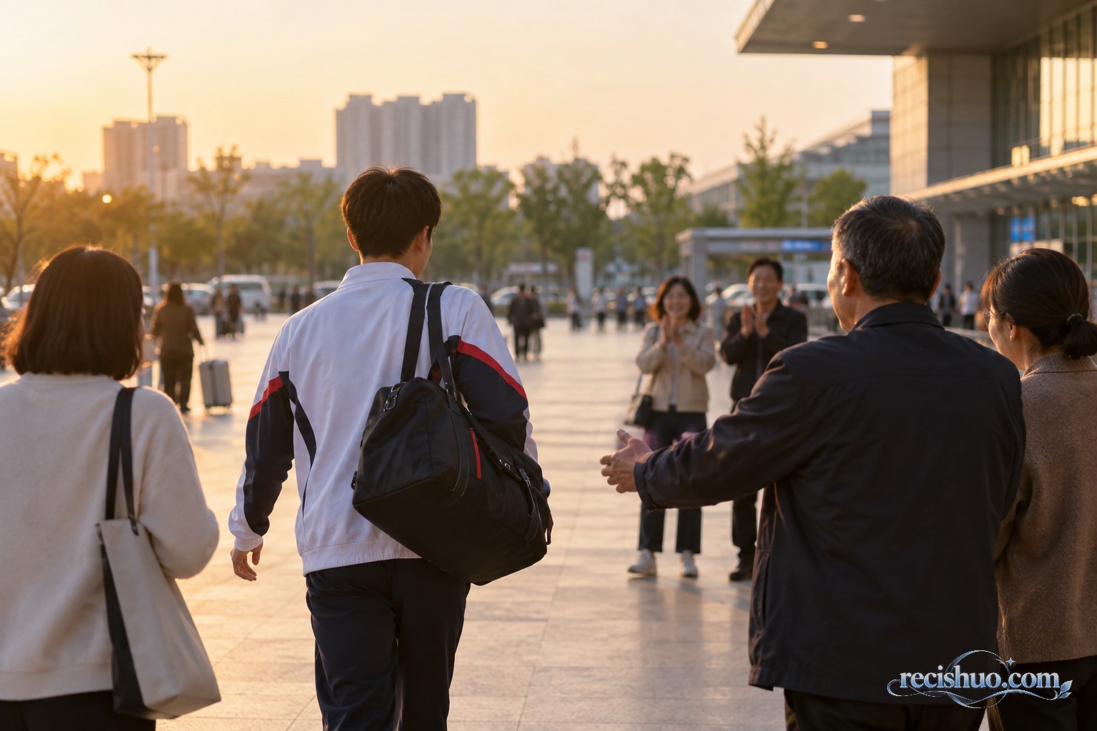 年轻运动员在夕阳下背包走向前来迎接的家人