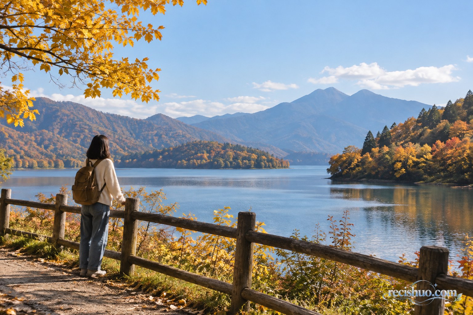 一名游客站在秋日湖畔步道旁眺望层林与远山