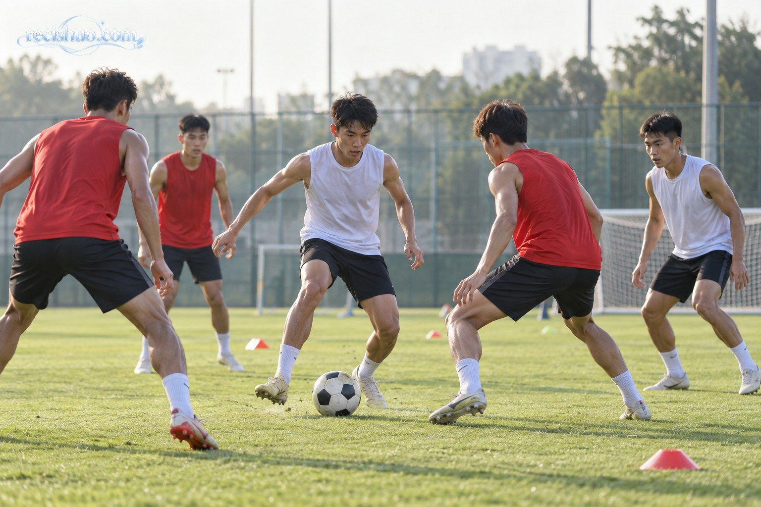 五名球员在训练场进行小范围传接球与逼抢训练