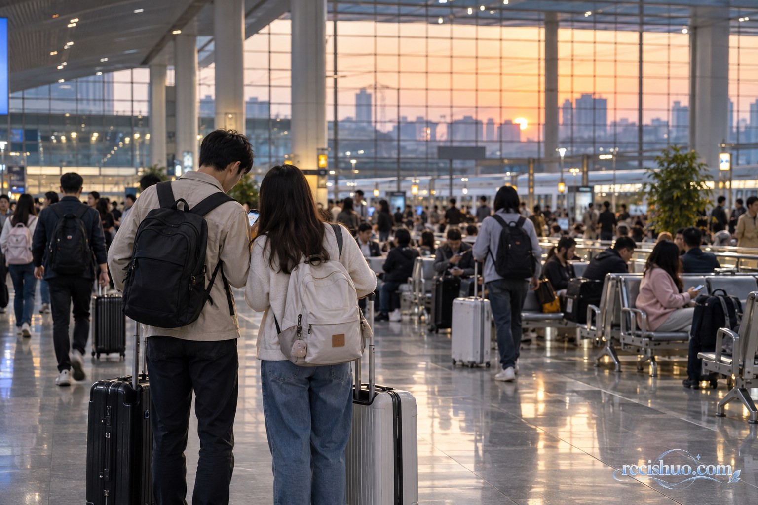 秋日晨光下,旅客在木桌前结合日历、地图和手机规划假期行程