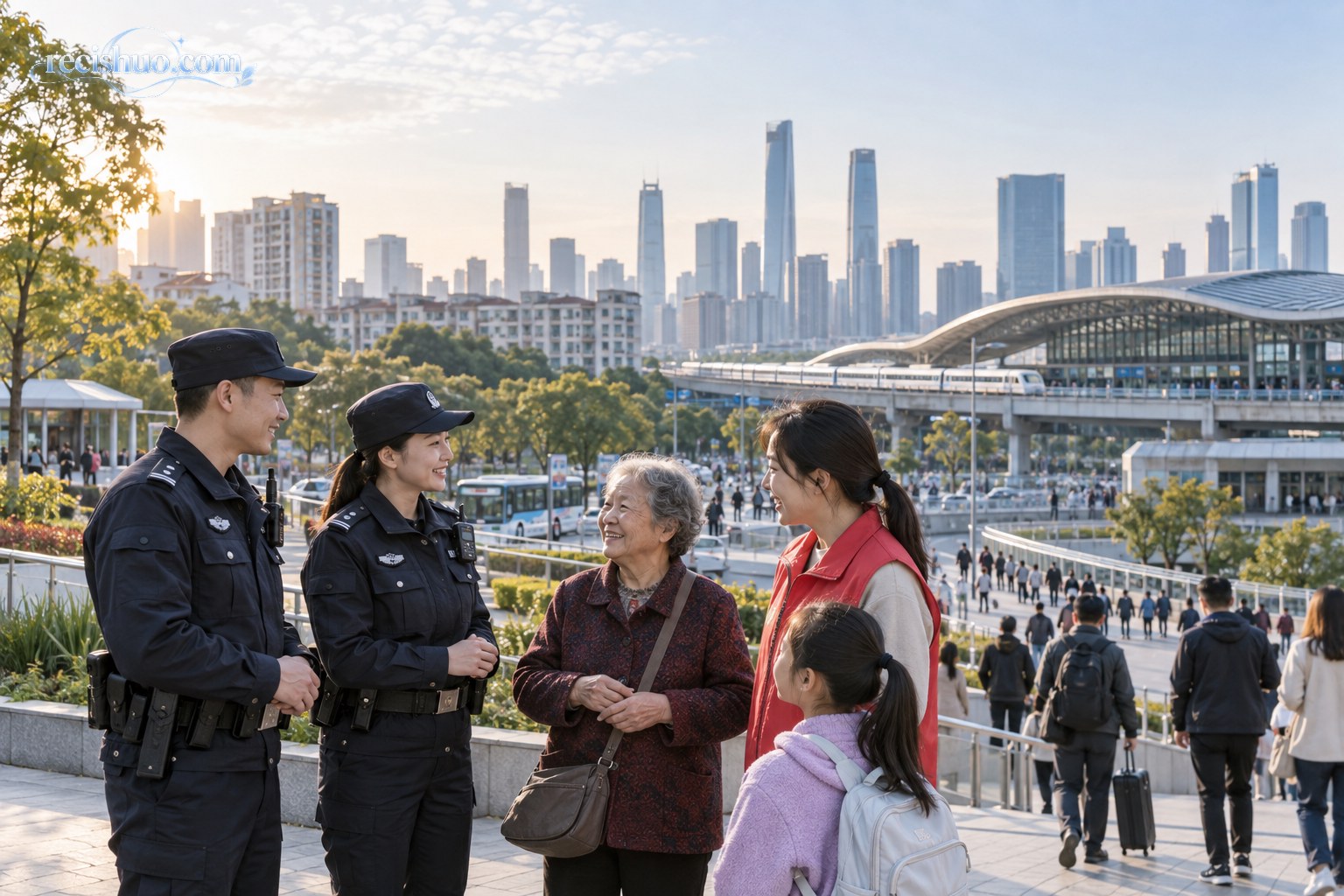 清晨城市公共空间内警务人员、社区工作者与居民交流的平安建设场景