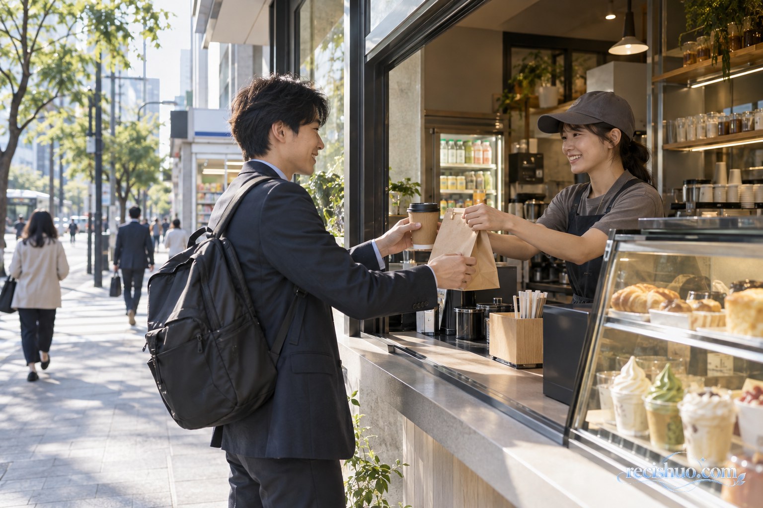 清晨上班族在城市街边茶饮店窗口取走咖啡和早餐纸袋