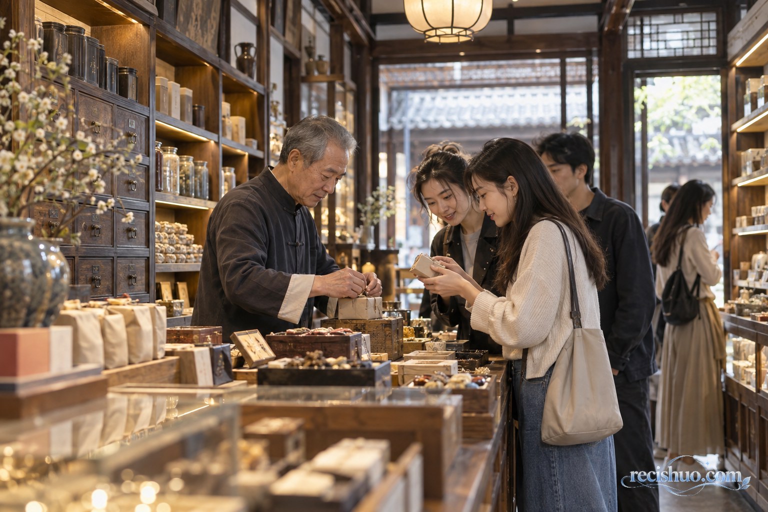 传统老店内老师傅整理手工商品,年轻顾客在木质柜台前选购