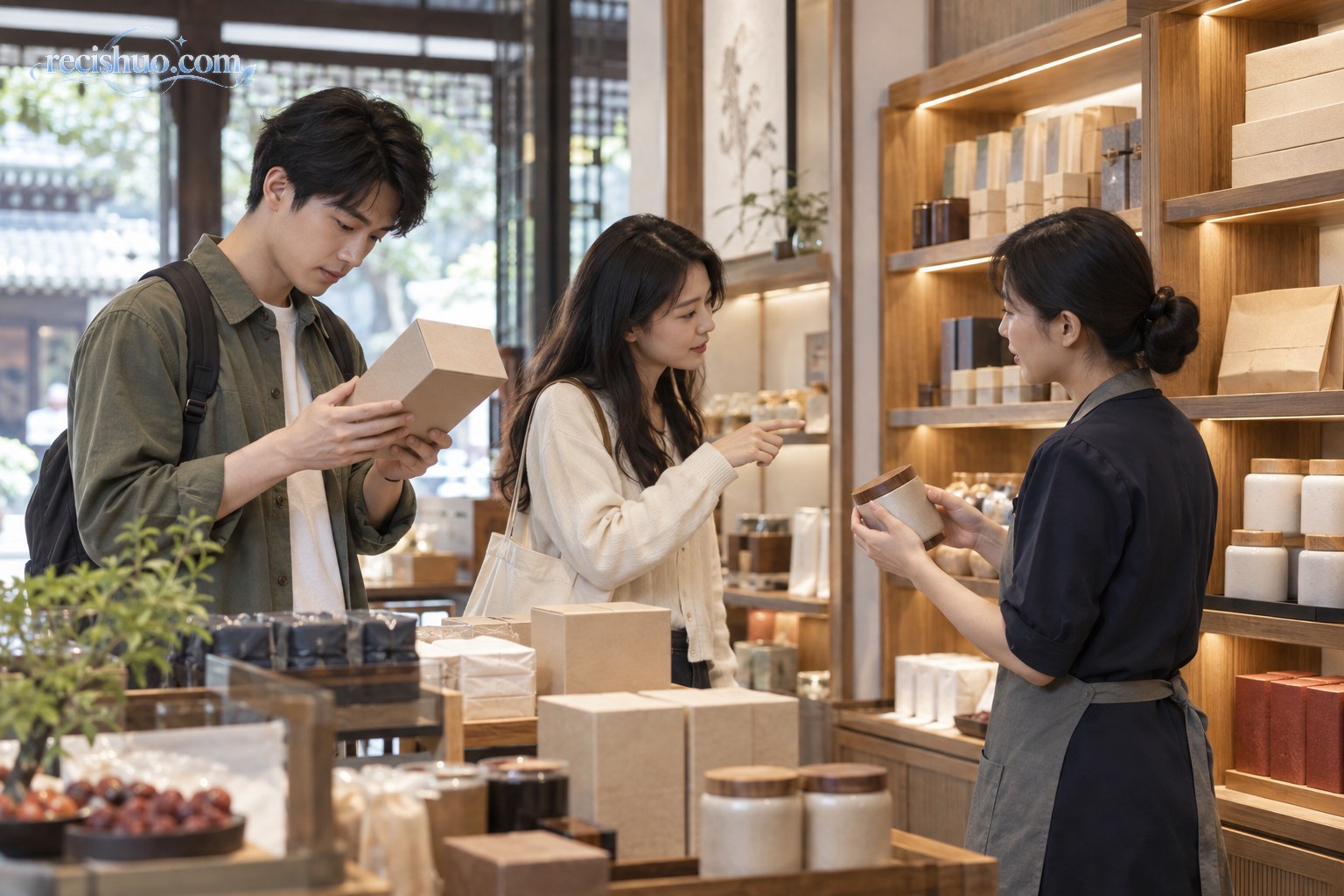 年轻消费者在焕新后的老店中查看商品并向店员了解细节
