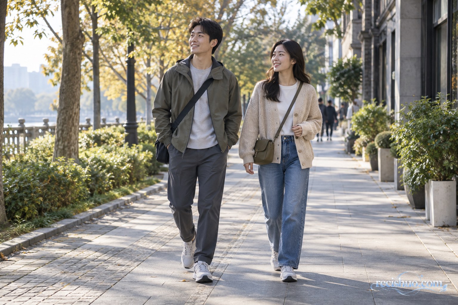 年轻男女穿着轻薄外套和舒适运动鞋在秋日城市步道散步