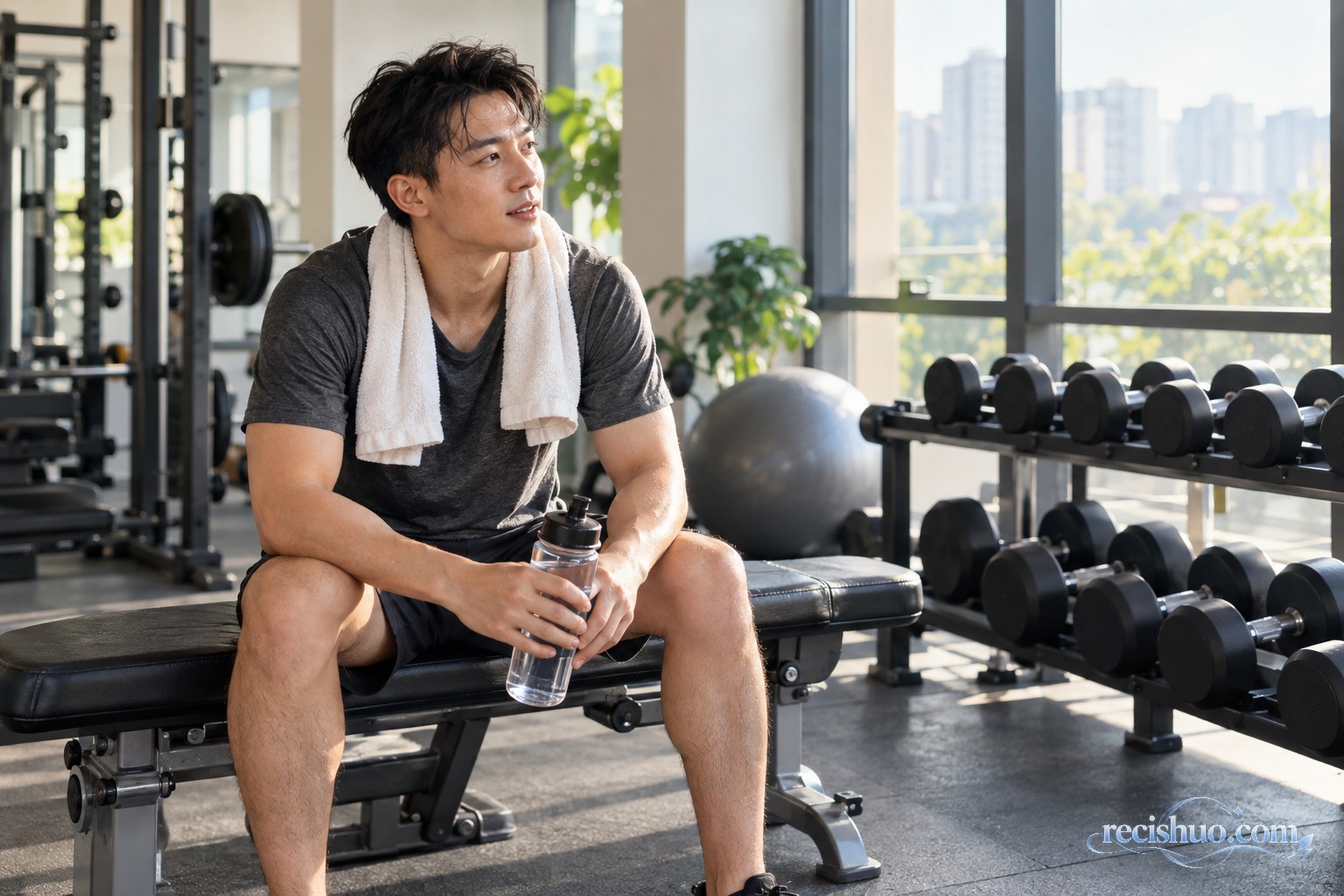 男子在明亮的社区健身房训练后坐在长凳上休息