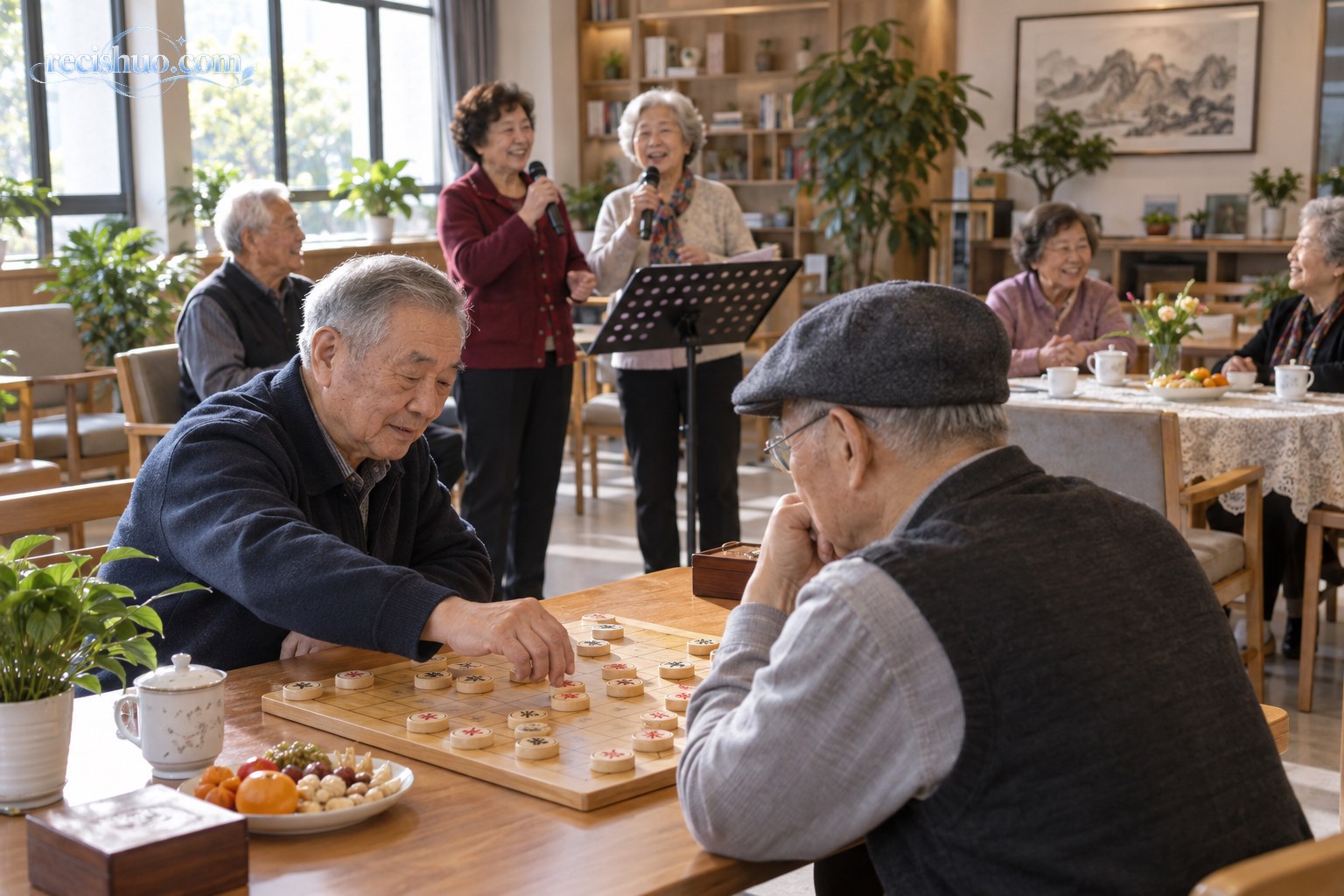 老年朋友在活动室下象棋、唱歌和聊天,桌上摆有茶点